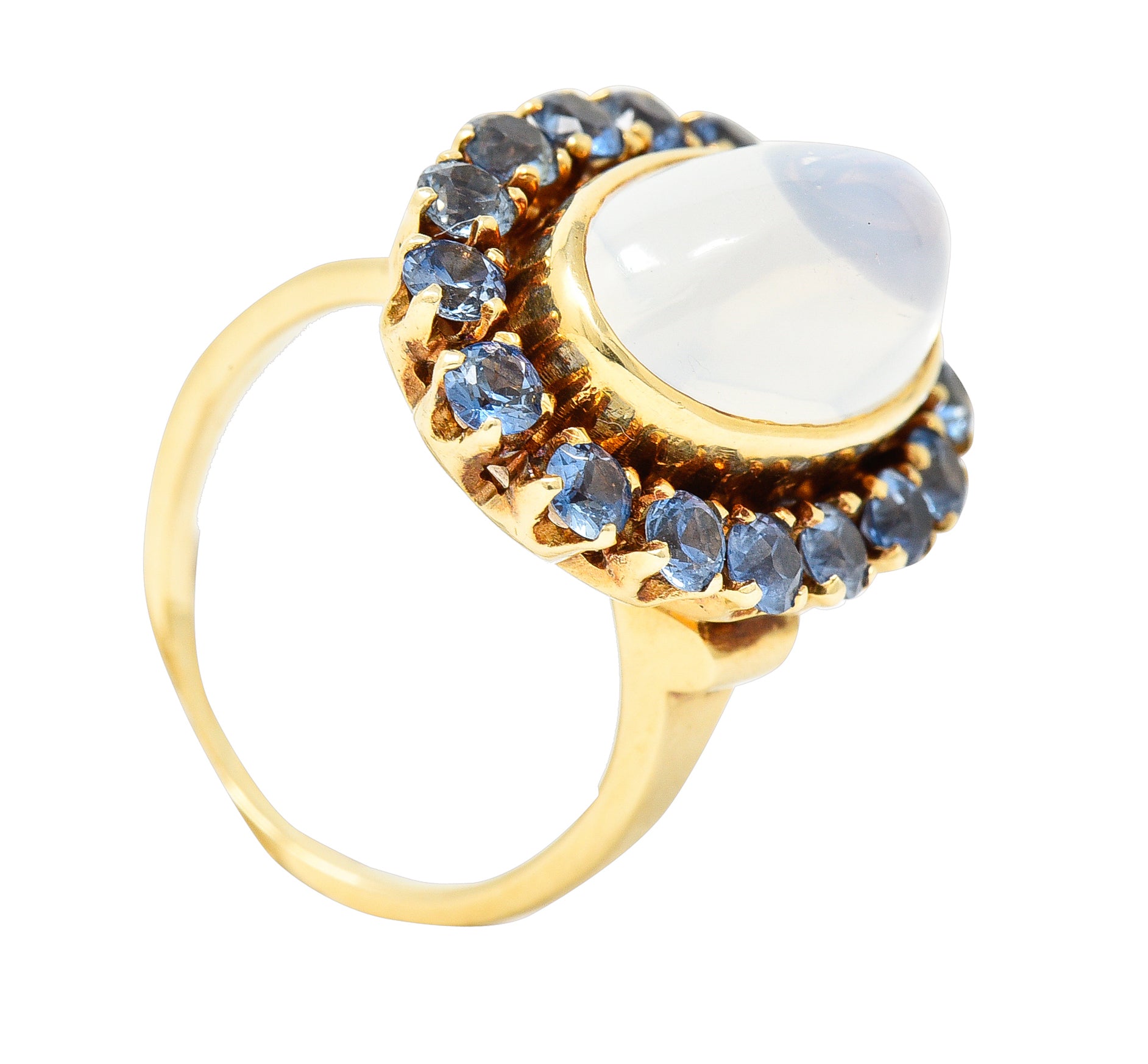 Wordley Allsopp & Bliss Co. Retro Moonstone Sapphire 14 Karat Yellow Gold Halo Cluster Vintage Ring Wilson's Estate Jewelry