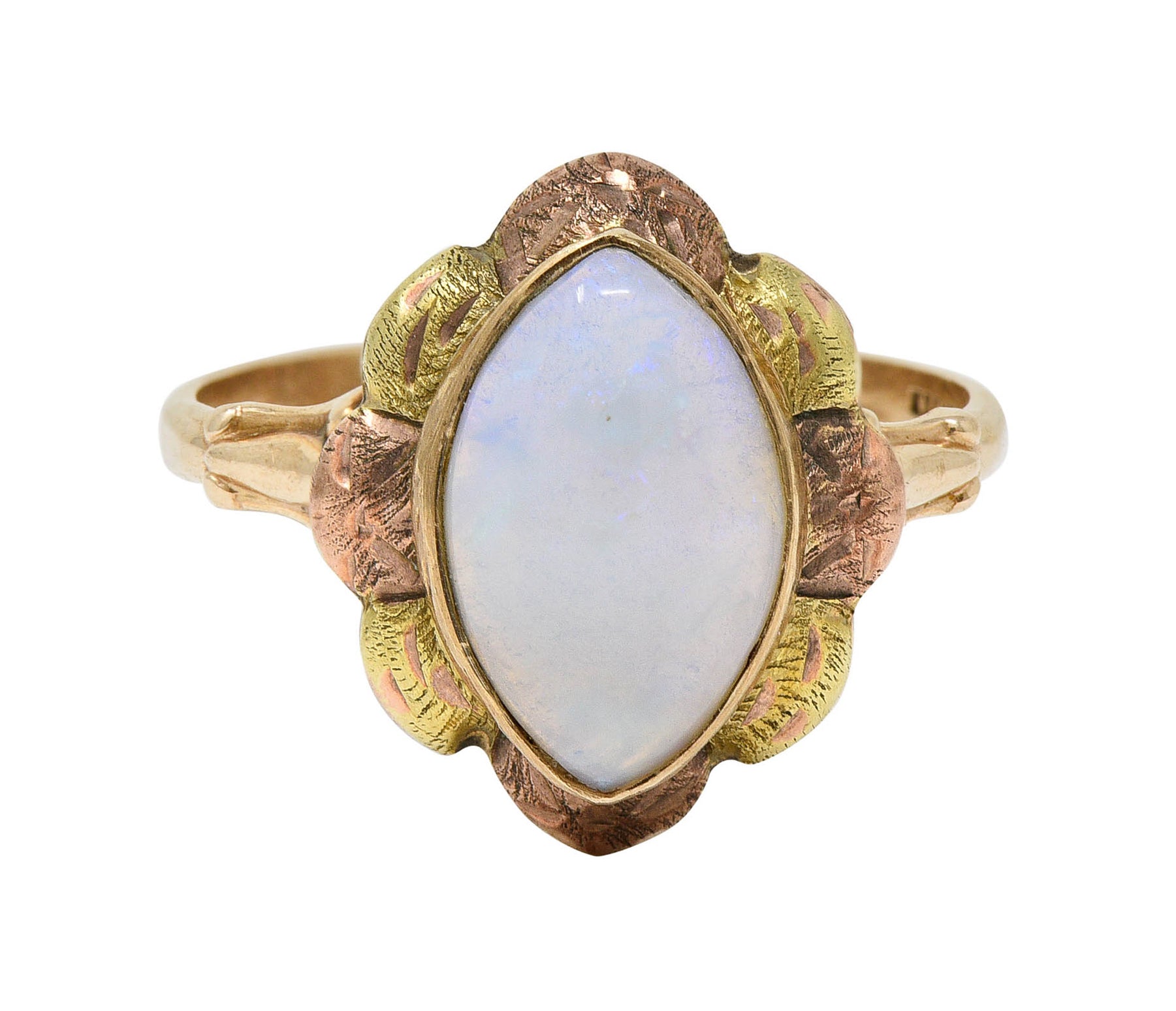Esemco Vintage Victorian Revival Opal Tri-Colored 10 Karat Gold Navette RingRing - Wilson's Estate Jewelry