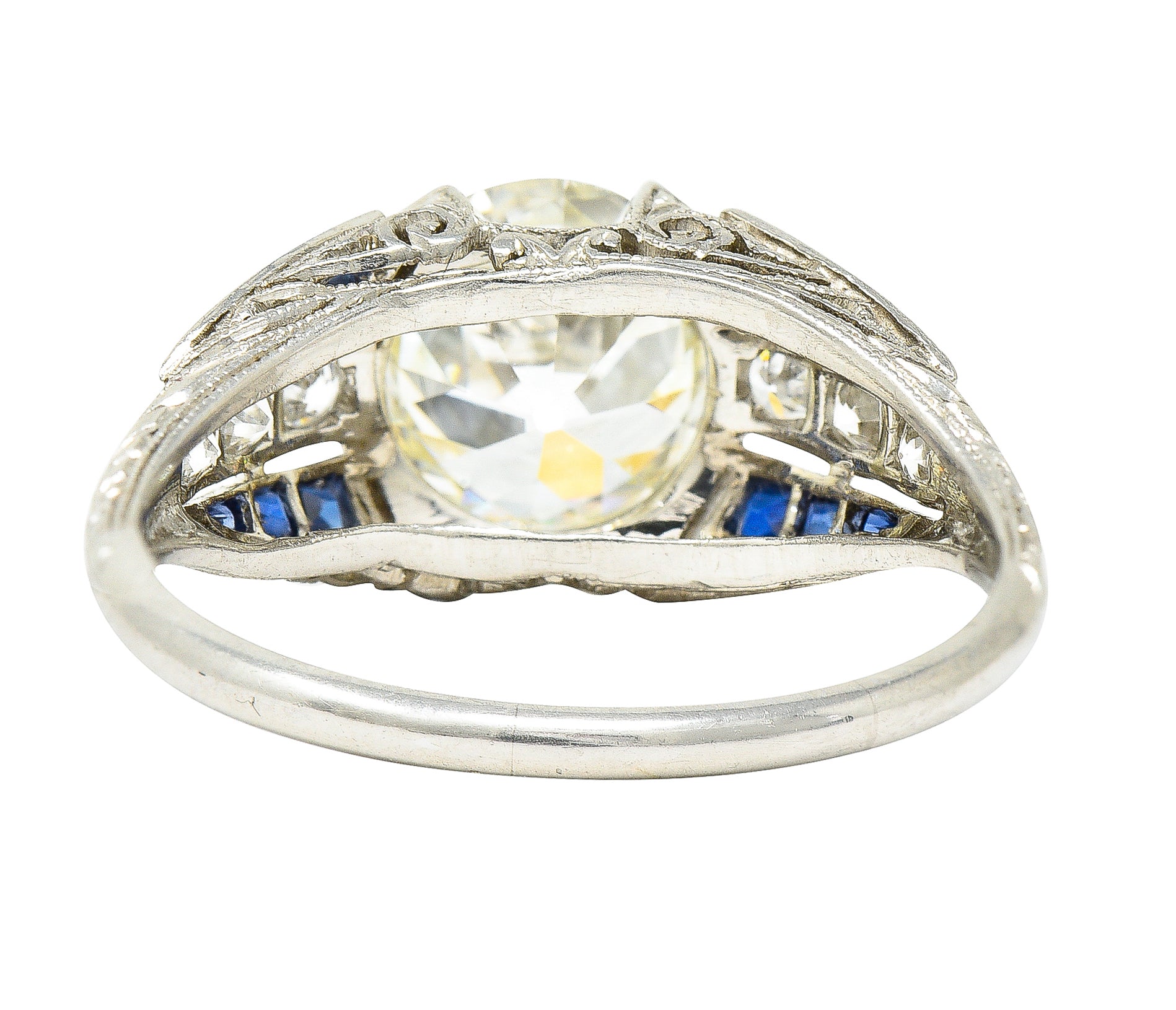 Art Deco 2.79 CTW Old European Cut Diamond Sapphire Platinum Scrolling Engagement Ring Wilson's Estate Jewelry