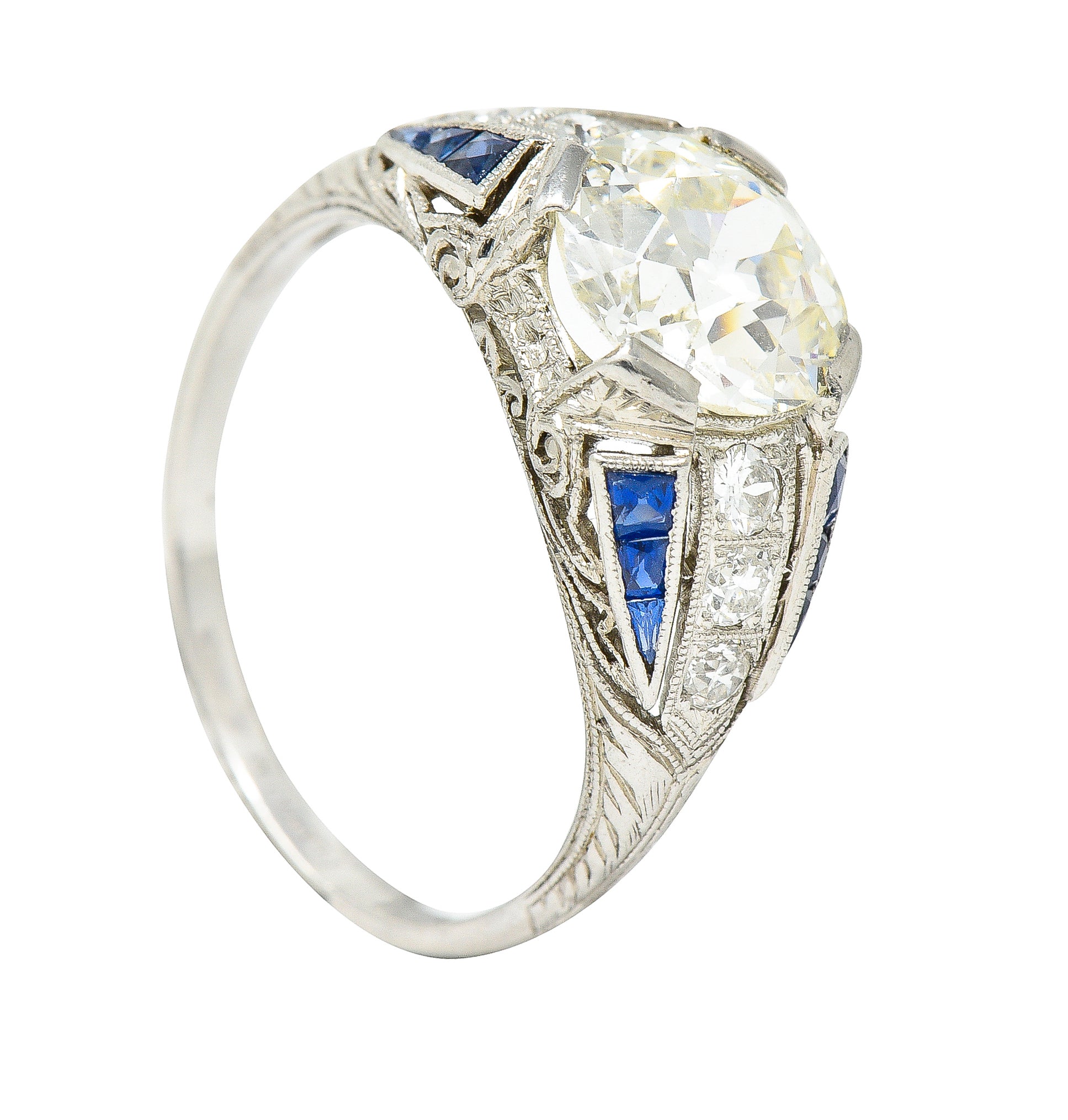 Art Deco 2.79 CTW Old European Cut Diamond Sapphire Platinum Scrolling Engagement Ring Wilson's Estate Jewelry