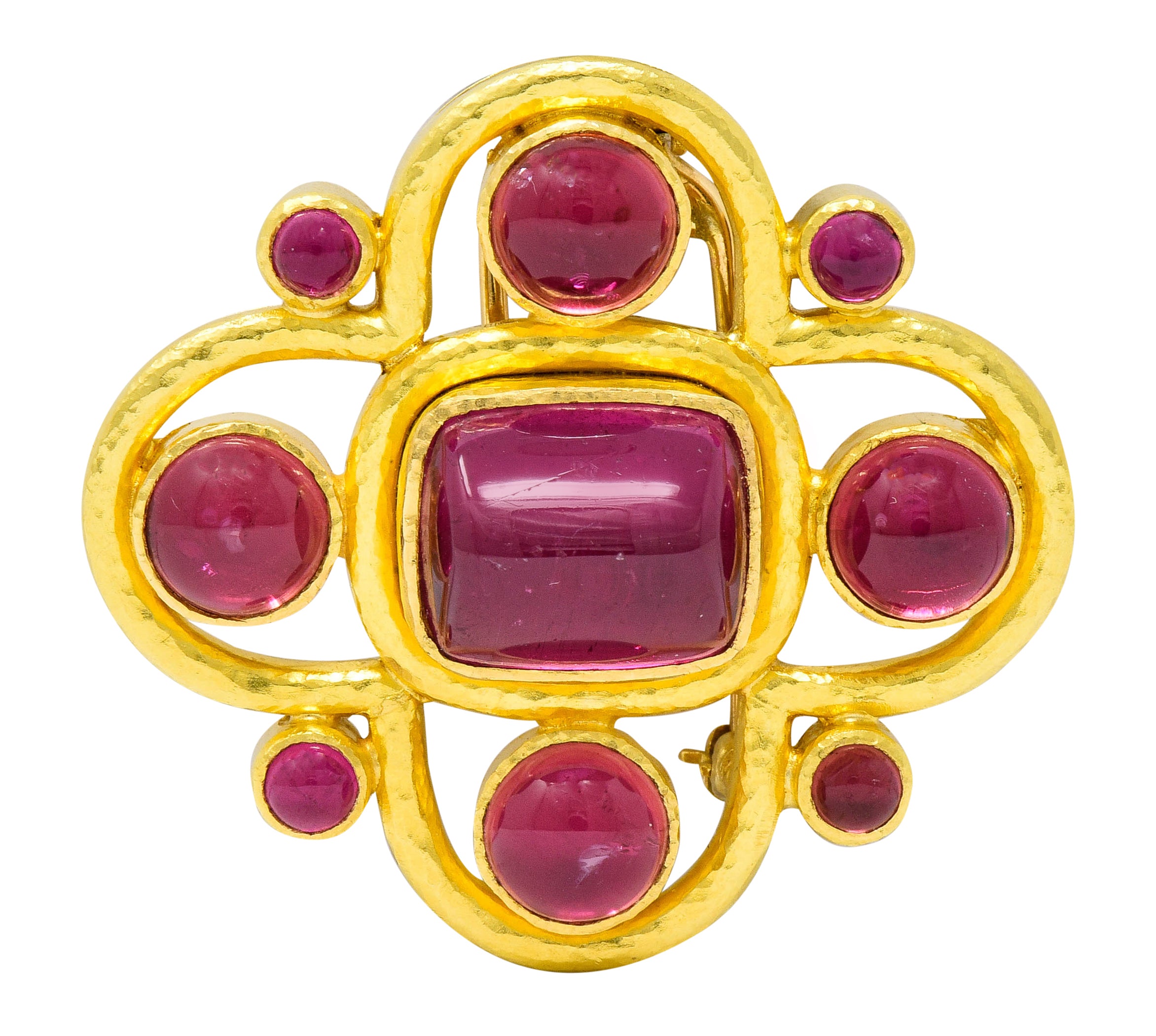 Elizabeth Locke Pink Tourmaline 19 Karat Hammered Gold Quatrefoil Pendant Brooch - Wilson's Estate Jewelry