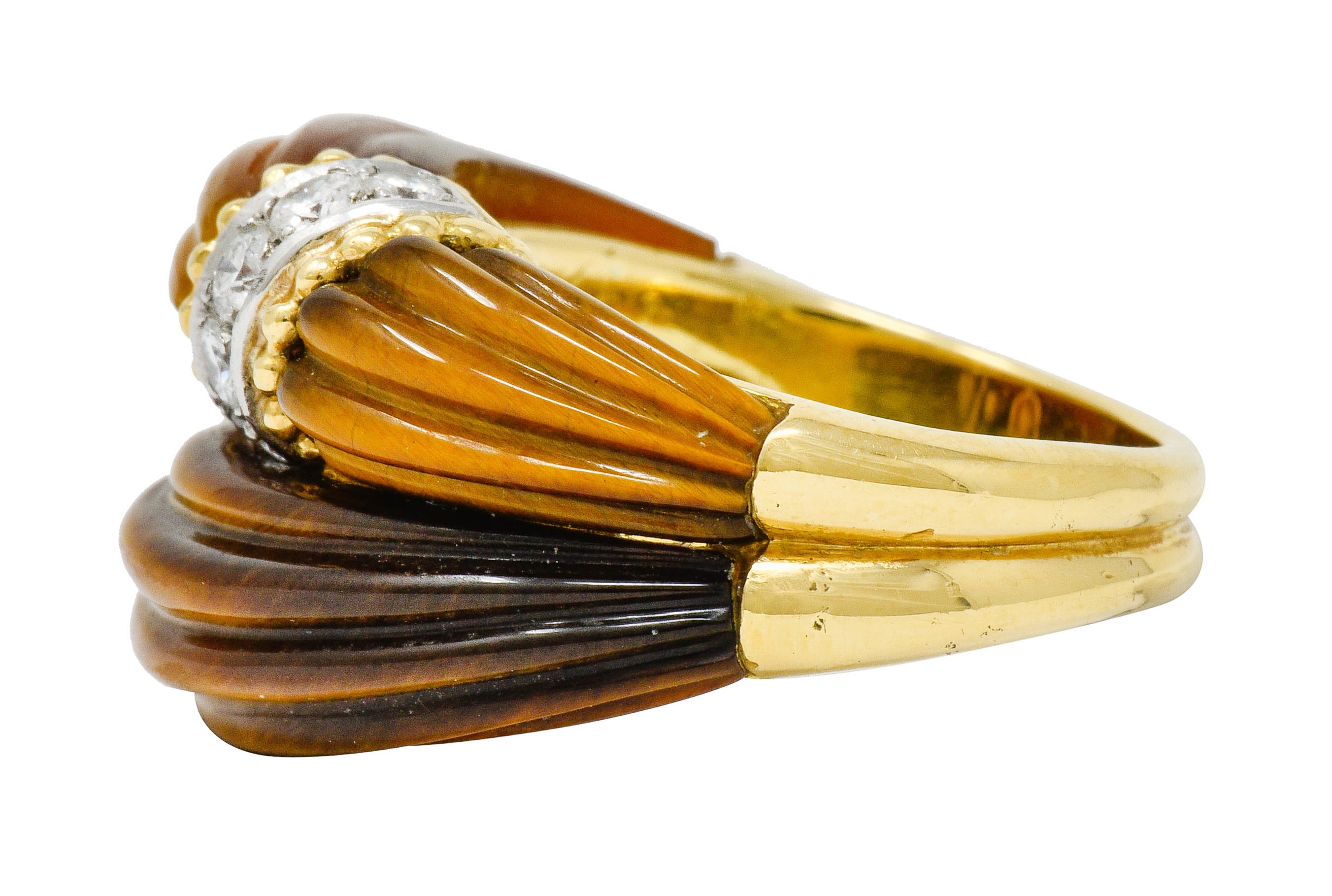 .11111 *Vintage Diamond Tiger's Eye Quartz 18 Karat Gold Fluted Band Ring - Wilson's Estate Jewelry