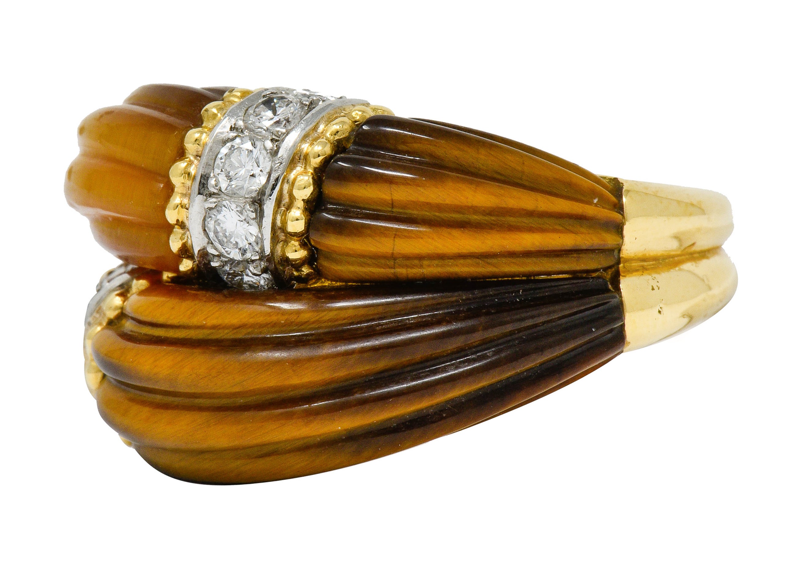 .11111 *Vintage Diamond Tiger's Eye Quartz 18 Karat Gold Fluted Band Ring - Wilson's Estate Jewelry
