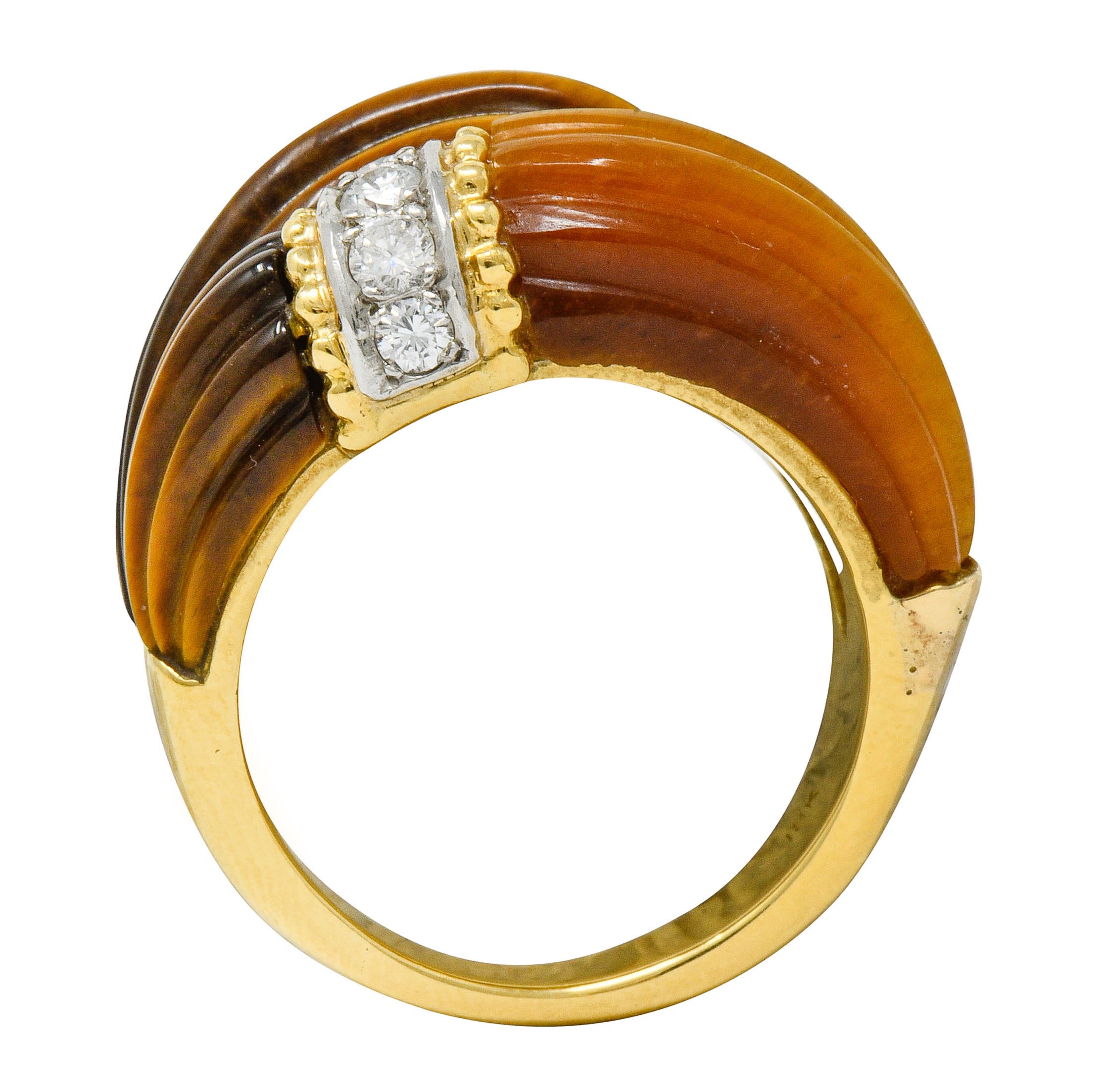 .11111 *Vintage Diamond Tiger's Eye Quartz 18 Karat Gold Fluted Band Ring - Wilson's Estate Jewelry