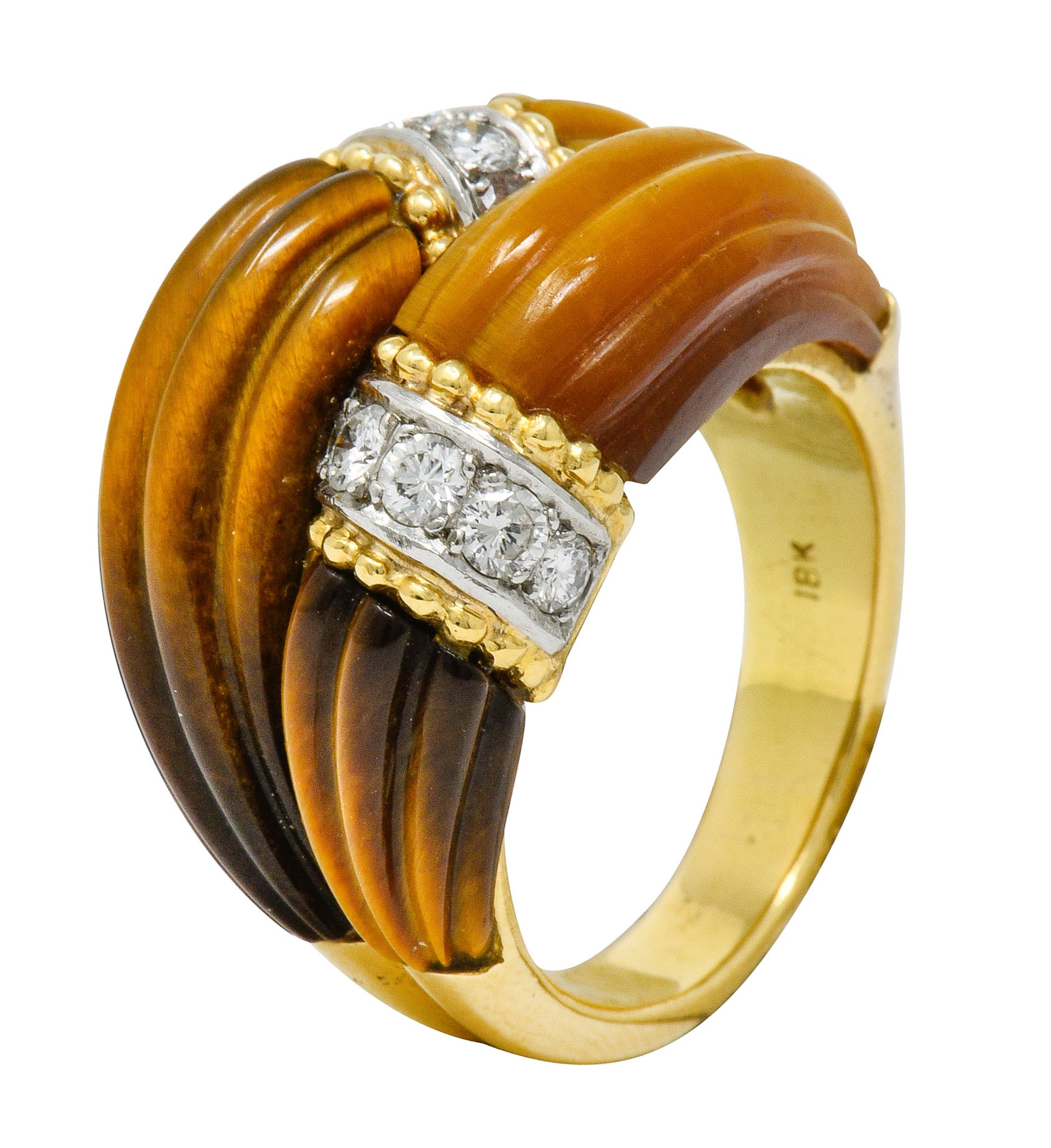 .11111 *Vintage Diamond Tiger's Eye Quartz 18 Karat Gold Fluted Band Ring - Wilson's Estate Jewelry