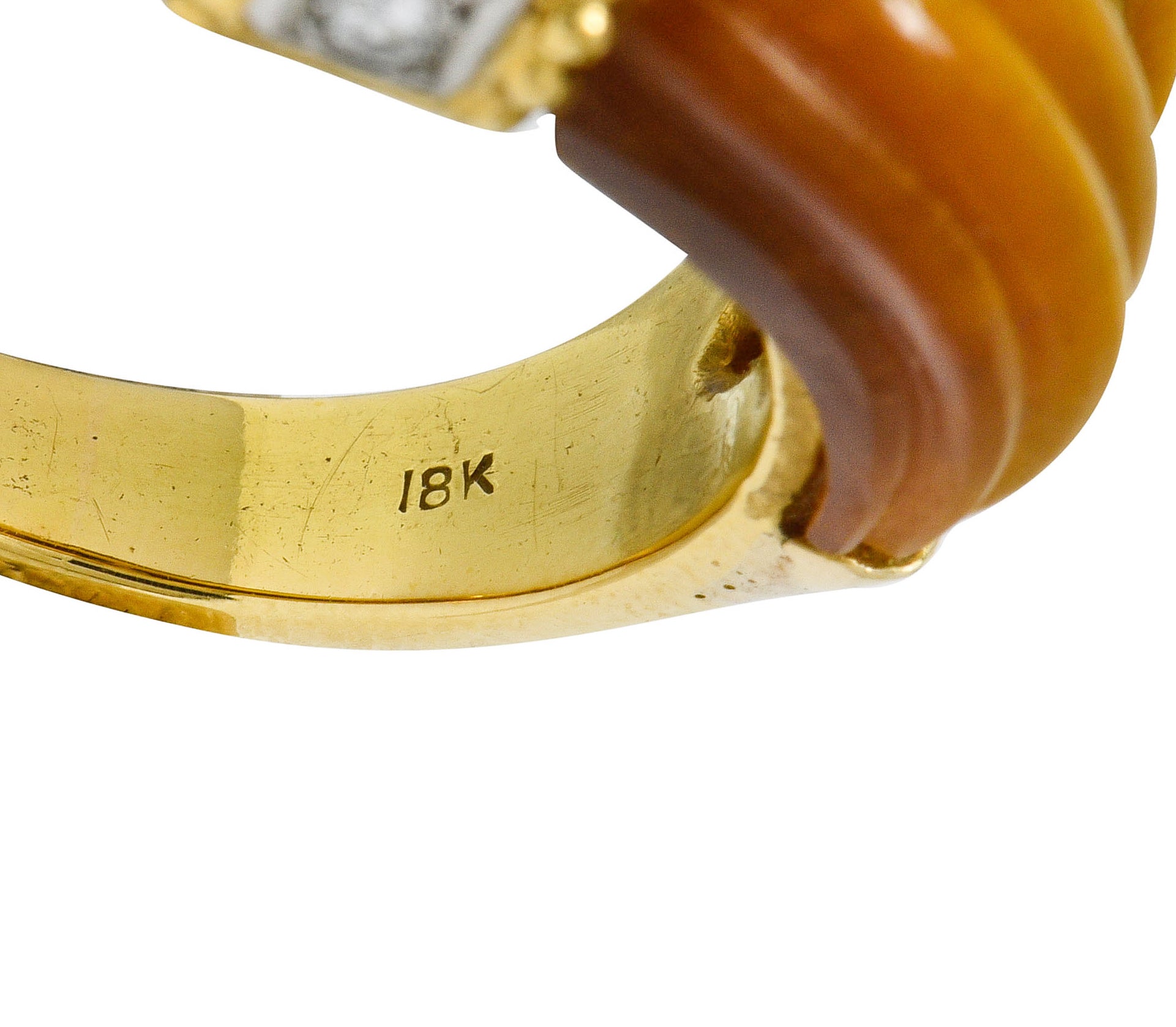 .11111 *Vintage Diamond Tiger's Eye Quartz 18 Karat Gold Fluted Band Ring - Wilson's Estate Jewelry