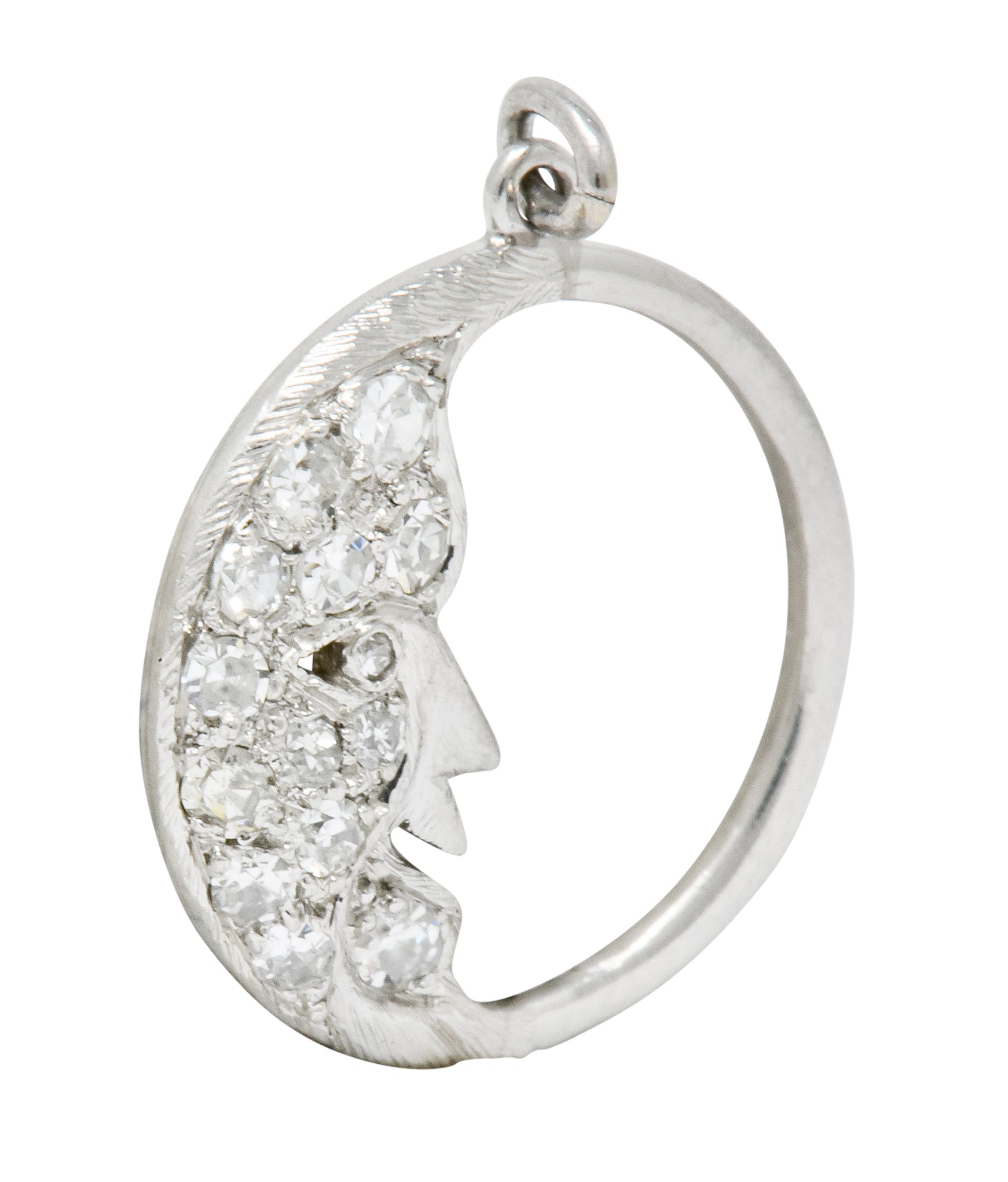 Art Deco Diamond Platinum Crescent Man-In-The-Moon Charm - Wilson's Estate Jewelry
