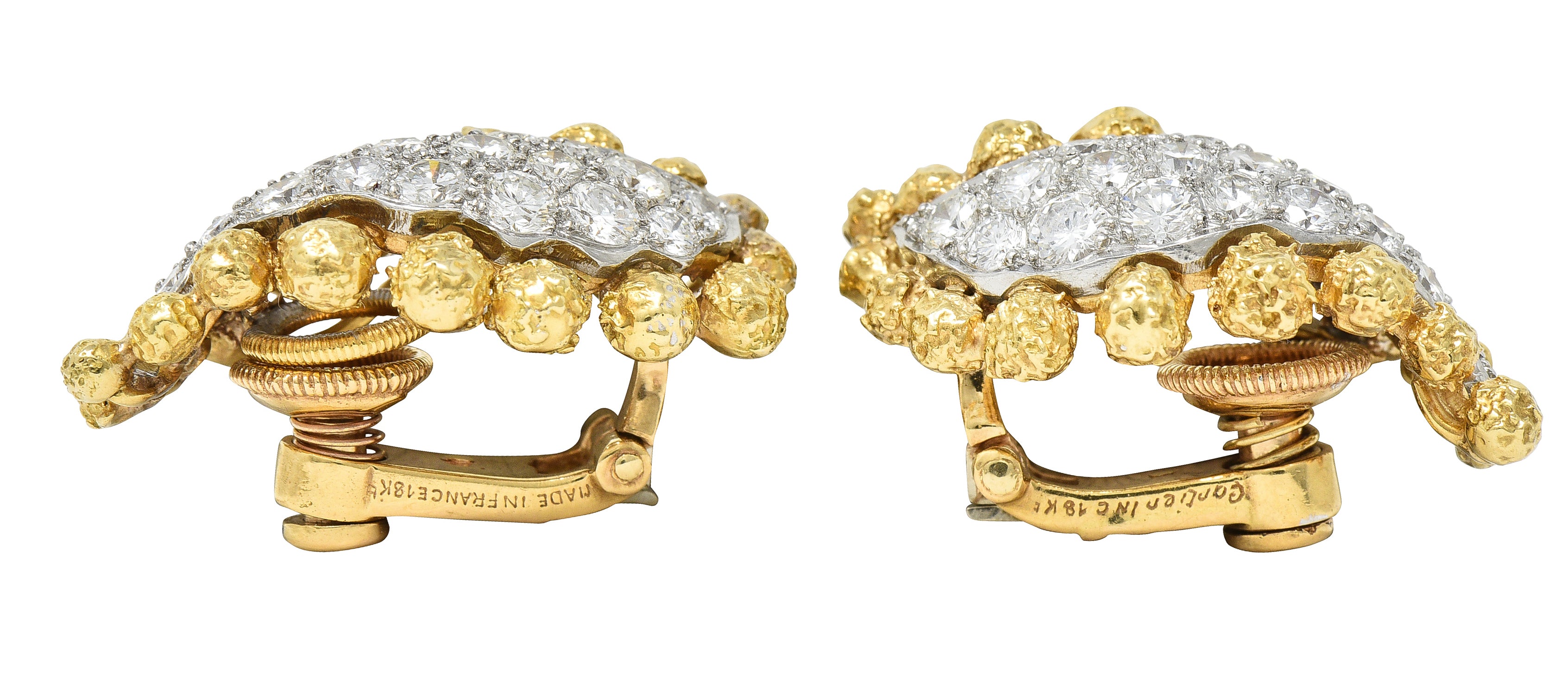 1960's Cartier 2.36 CTW Pave Diamond Platinum 18 Karat Yellow Gold Ear-Clip Earrings Wilson's Estate Jewelry