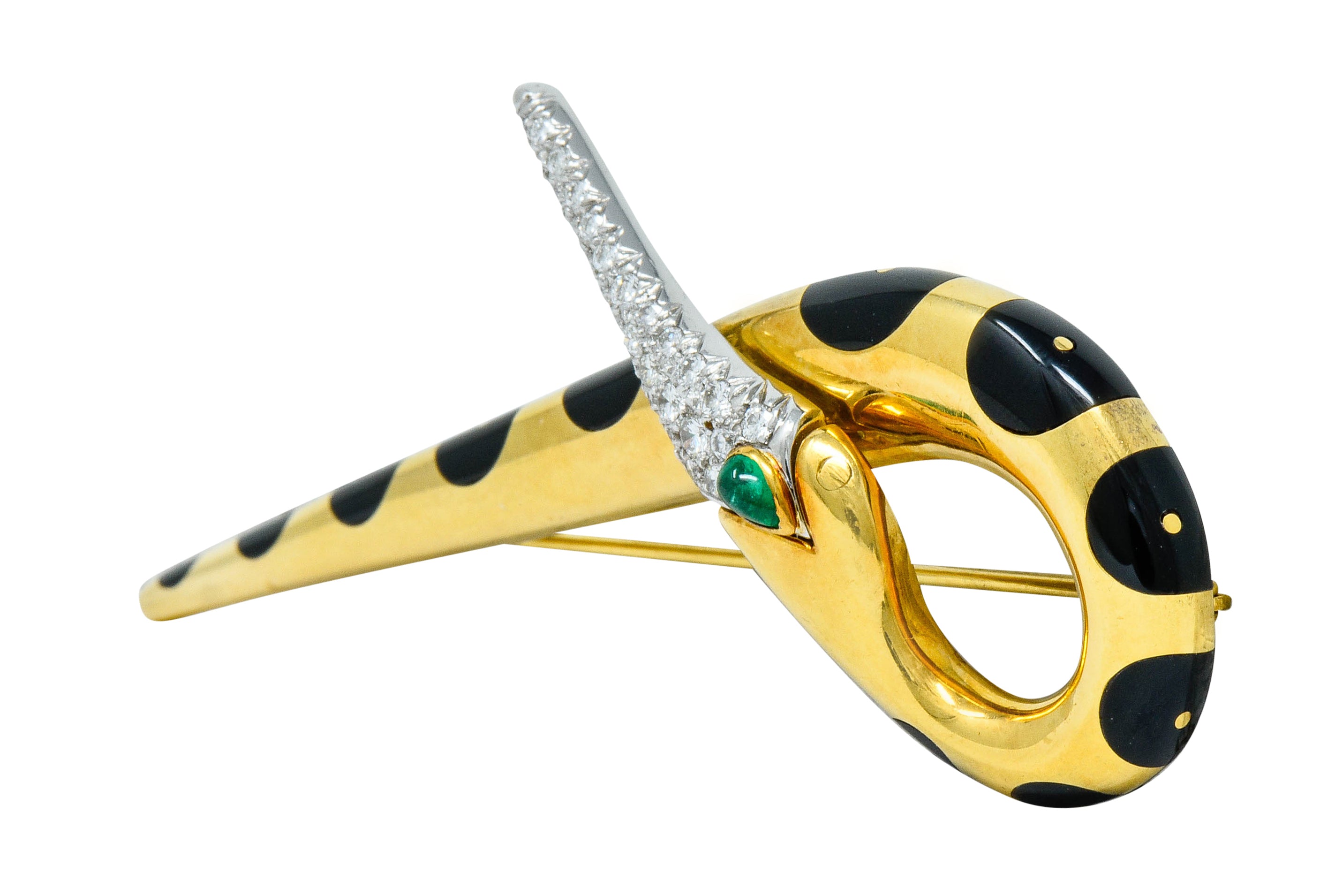 Michael Bondanza Pave Diamond Onyx Emerald Platinum 18 Karat Gold Heron BroochBrooch - Wilson's Estate Jewelry