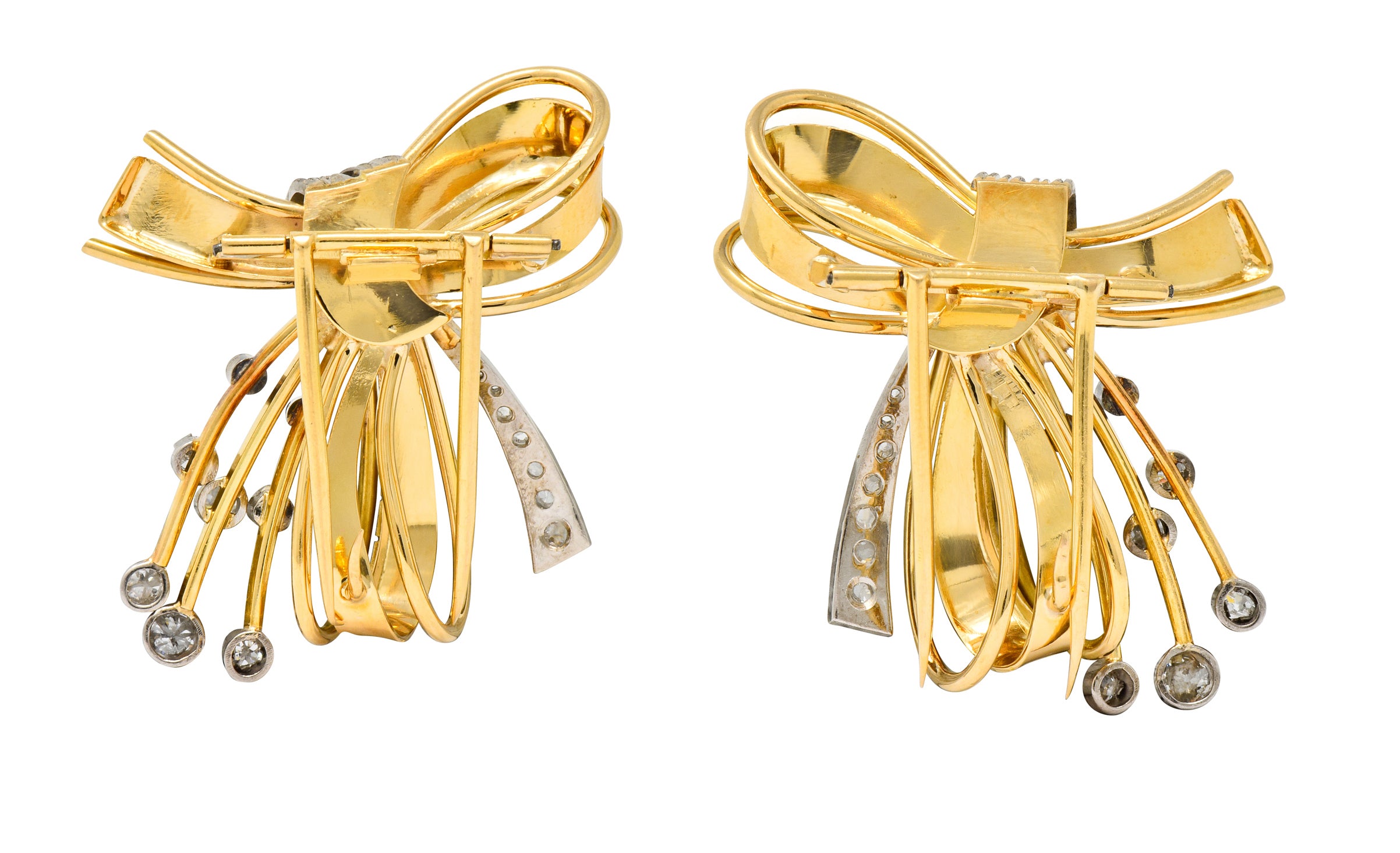 Retro 2.75 CTW Diamond 18 Karat Two-Tone Gold Bow Clips - Wilson's Estate Jewelry