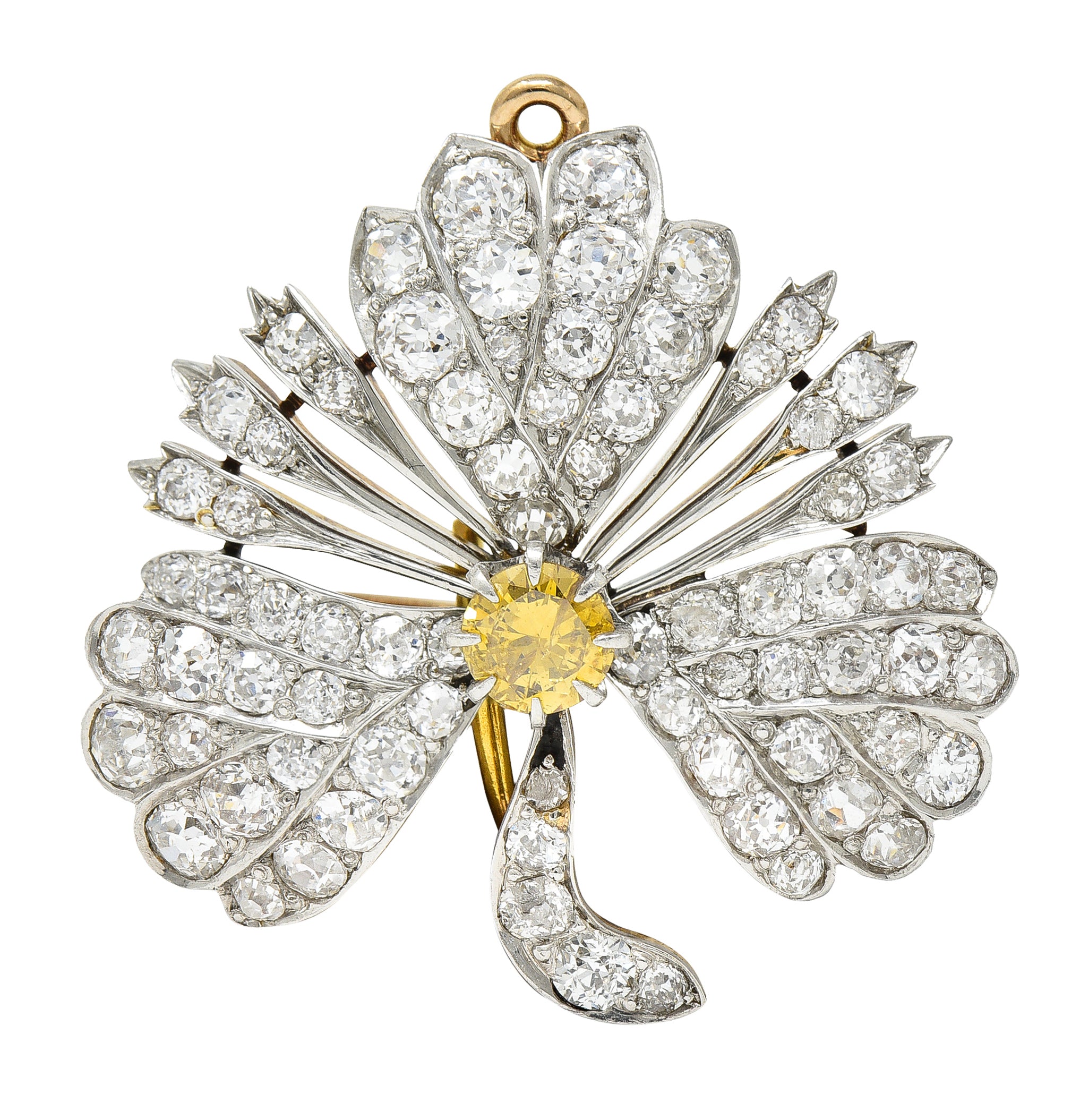 Edwardian 2.35 CTW Fancy Diamond & Diamond Platinum-Topped 18 Karat Gold Clover Pendant Brooch Wilson's Estate Jewelry