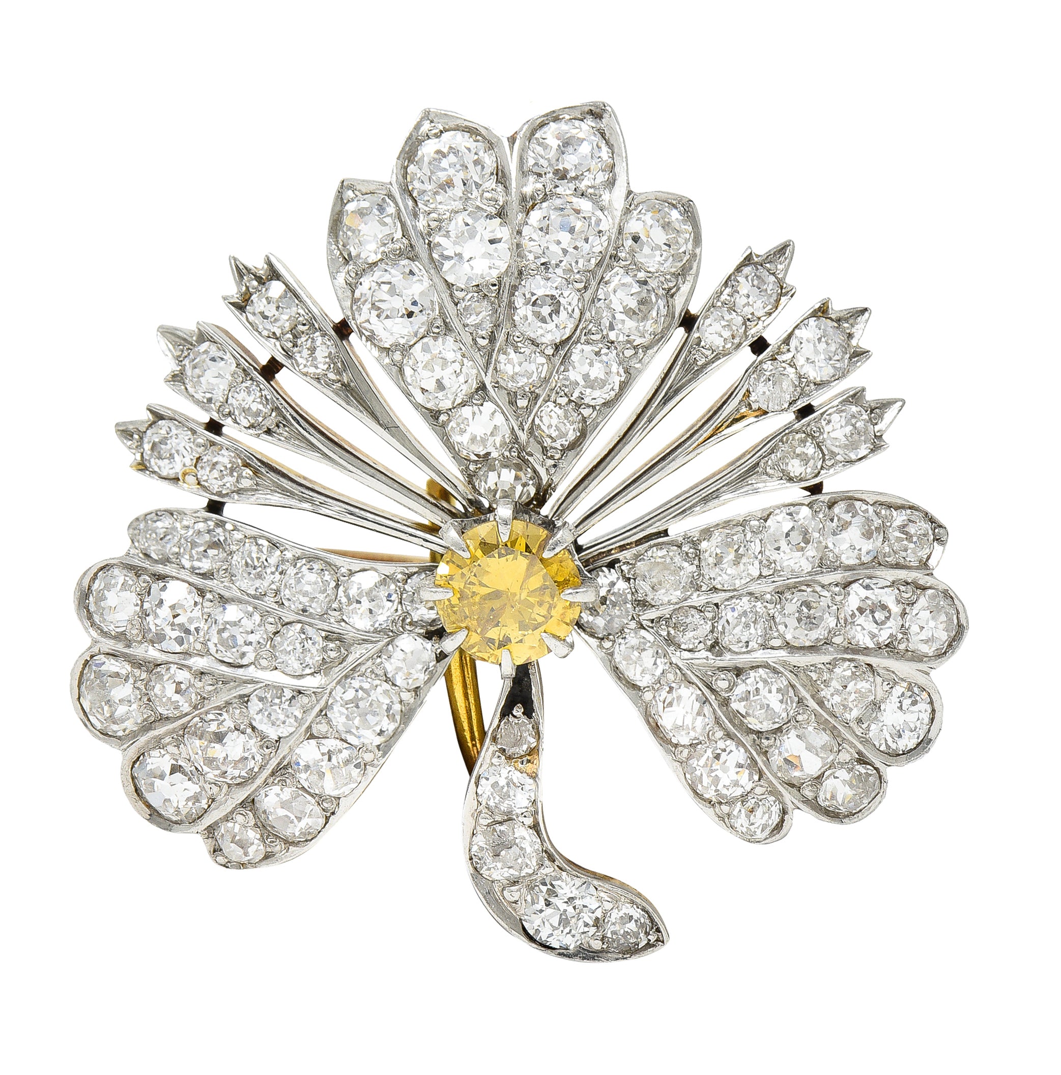Edwardian 2.35 CTW Fancy Diamond & Diamond Platinum-Topped 18 Karat Gold Clover Pendant Brooch Wilson's Estate Jewelry