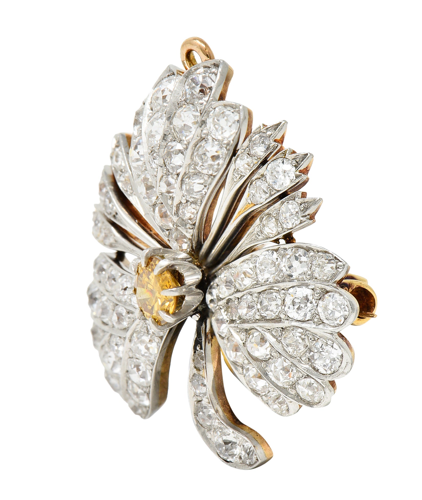 Edwardian 2.35 CTW Fancy Diamond & Diamond Platinum-Topped 18 Karat Gold Clover Pendant Brooch Wilson's Estate Jewelry