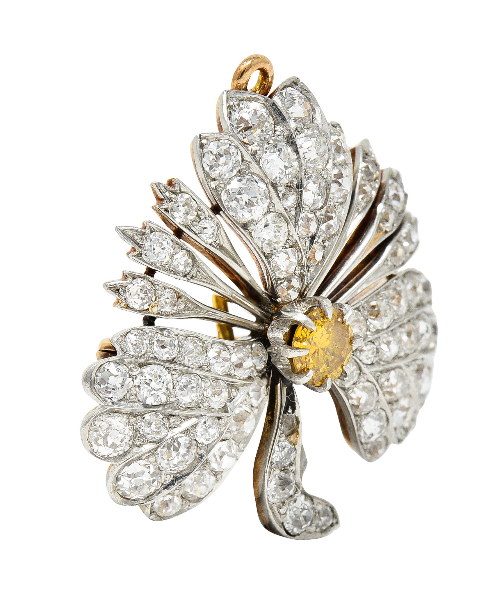 Edwardian 2.35 CTW Fancy Diamond & Diamond Platinum-Topped 18 Karat Gold Clover Pendant Brooch Wilson's Estate Jewelry
