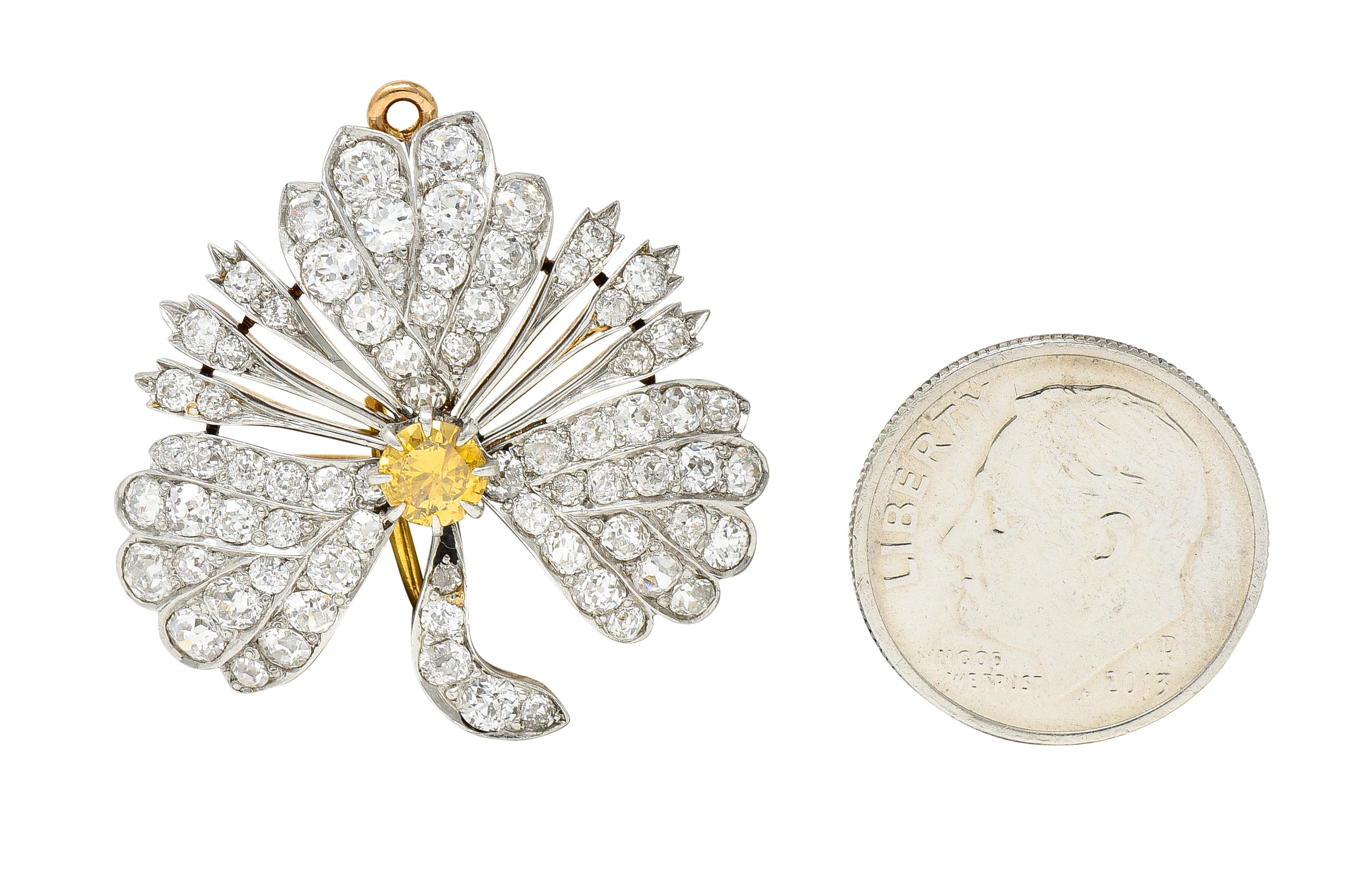 Edwardian 2.35 CTW Fancy Diamond & Diamond Platinum-Topped 18 Karat Gold Clover Pendant Brooch Wilson's Estate Jewelry