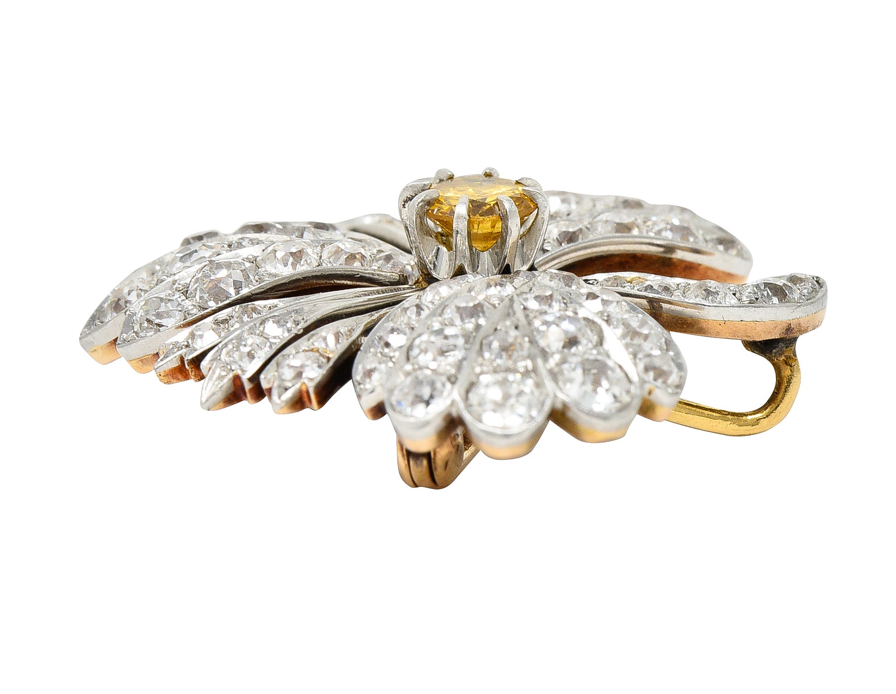 Edwardian 2.35 CTW Fancy Diamond & Diamond Platinum-Topped 18 Karat Gold Clover Pendant Brooch Wilson's Estate Jewelry