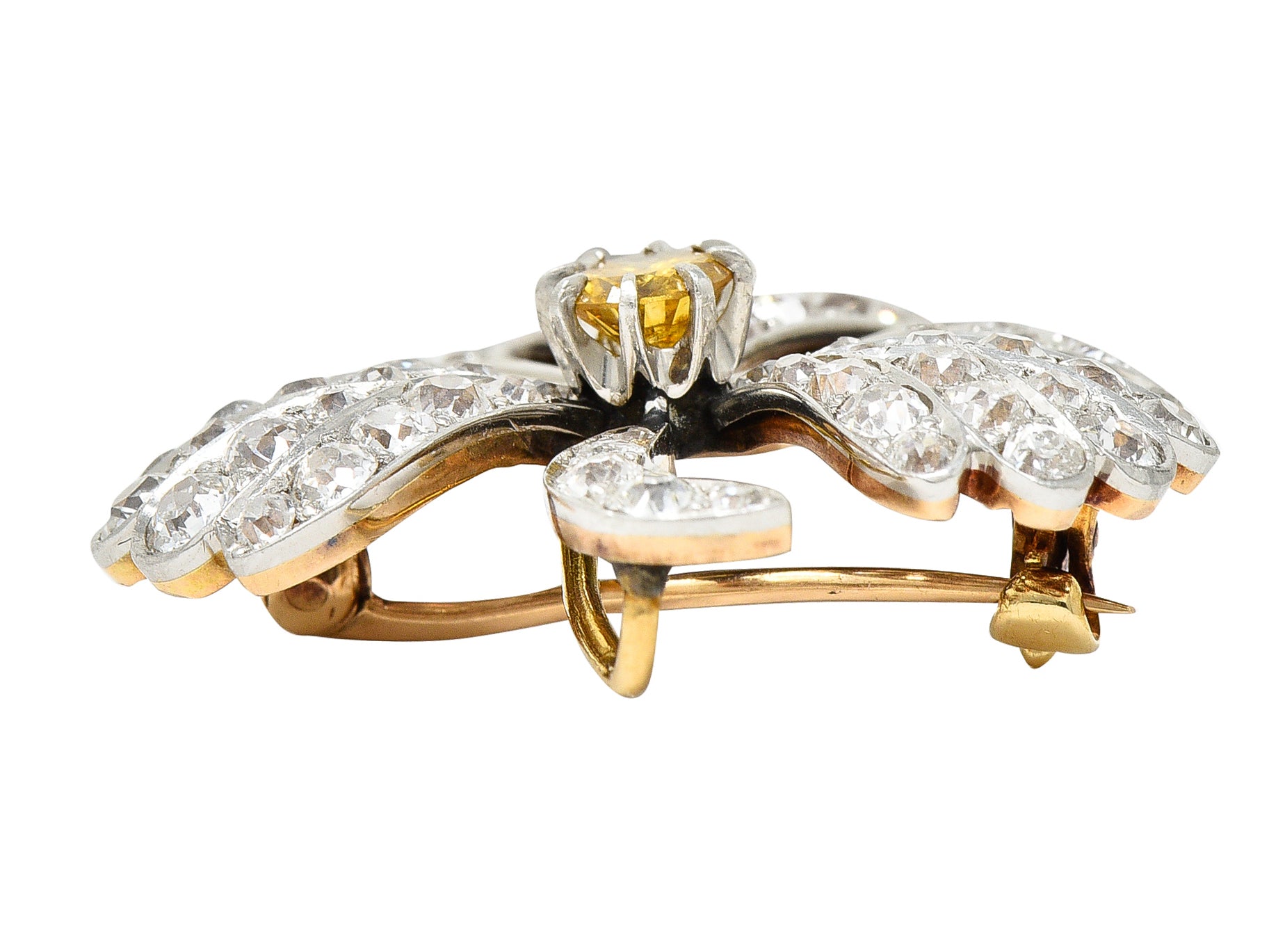 Edwardian 2.35 CTW Fancy Diamond & Diamond Platinum-Topped 18 Karat Gold Clover Pendant Brooch Wilson's Estate Jewelry