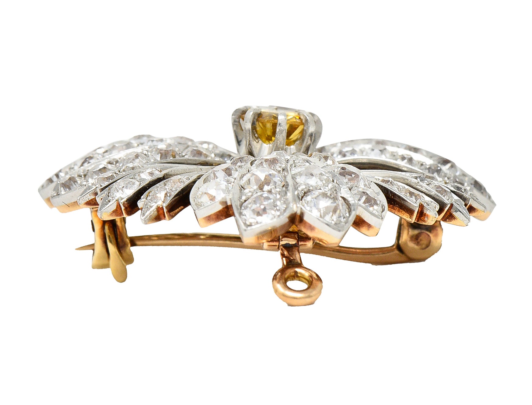 Edwardian 2.35 CTW Fancy Diamond & Diamond Platinum-Topped 18 Karat Gold Clover Pendant Brooch Wilson's Estate Jewelry