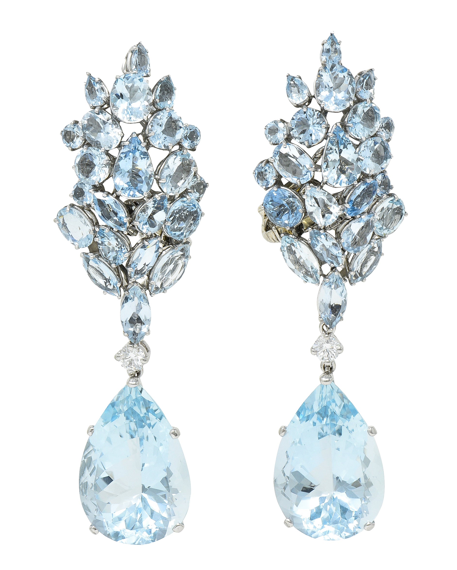 French Mid-Century 77.50 CTW Aquamarine Diamond 18 Karat White Gold Convertible Drop Cluster Ear-Clip Earrings Wilson's Estate Jewelry