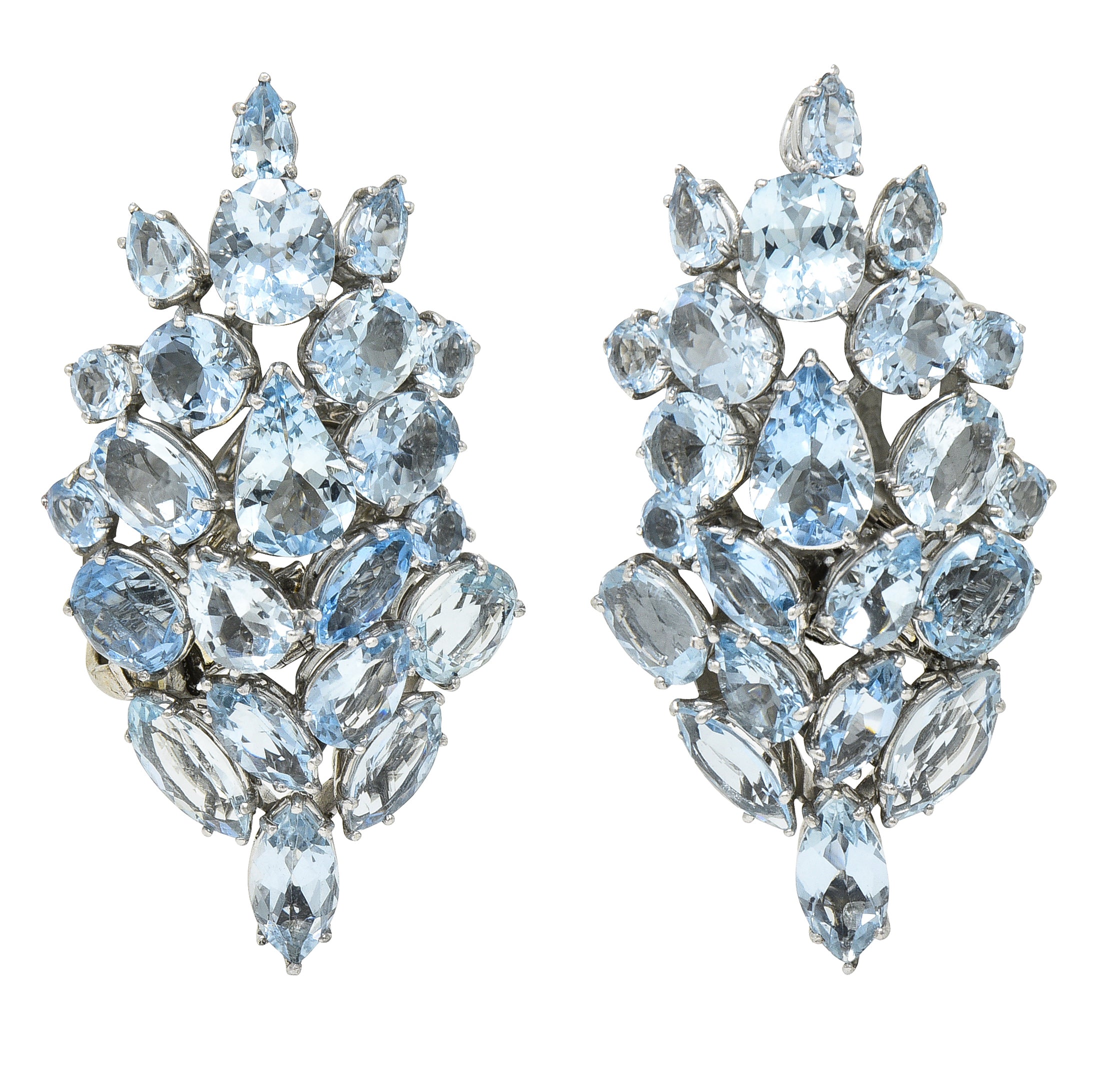 French Mid-Century 77.50 CTW Aquamarine Diamond 18 Karat White Gold Convertible Drop Cluster Ear-Clip Earrings Wilson's Estate Jewelry