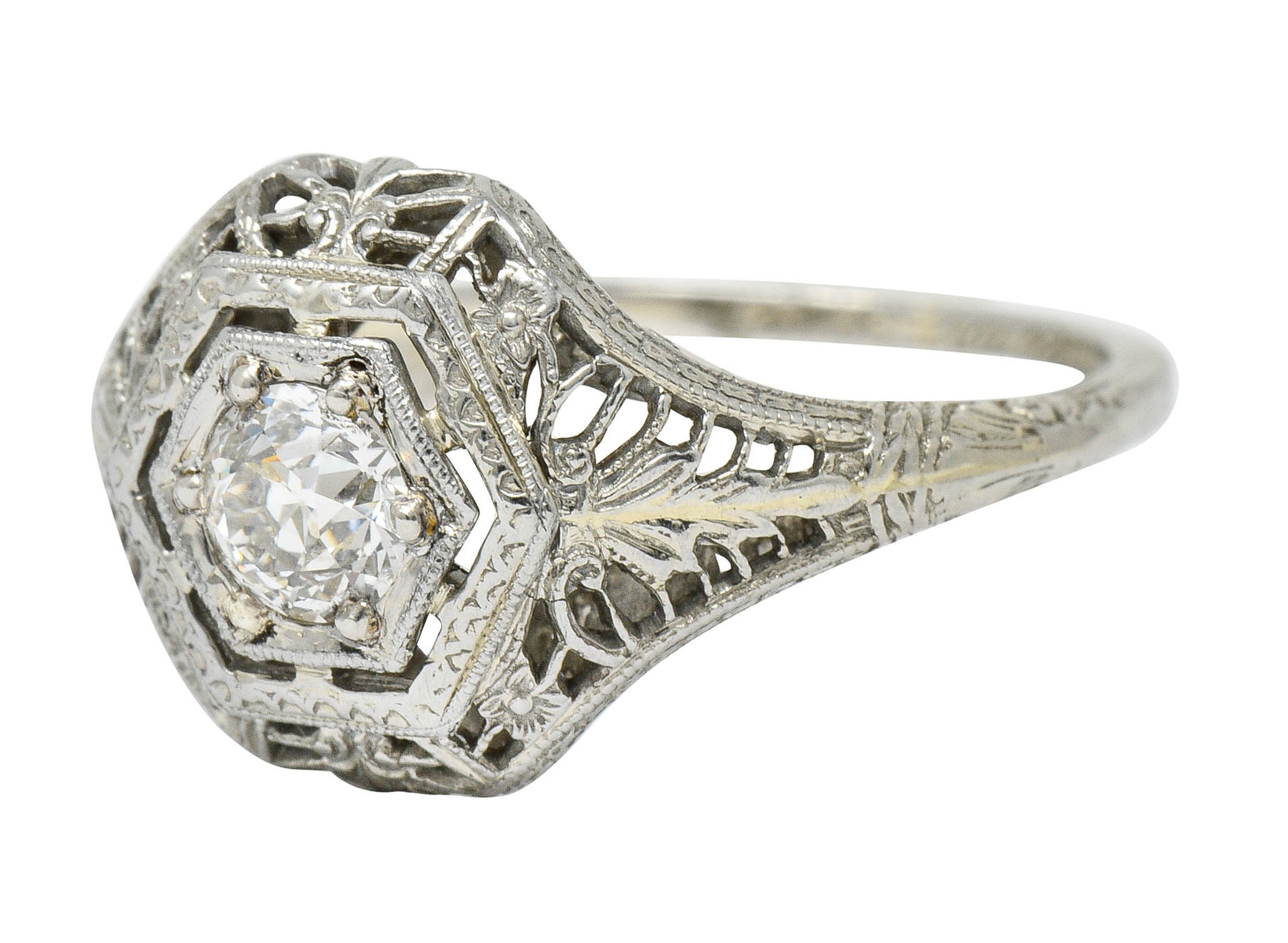 Edwardian 0.32 CTW Diamond 18 Karat White Gold Hexagonal Engagement RingRing - Wilson's Estate Jewelry