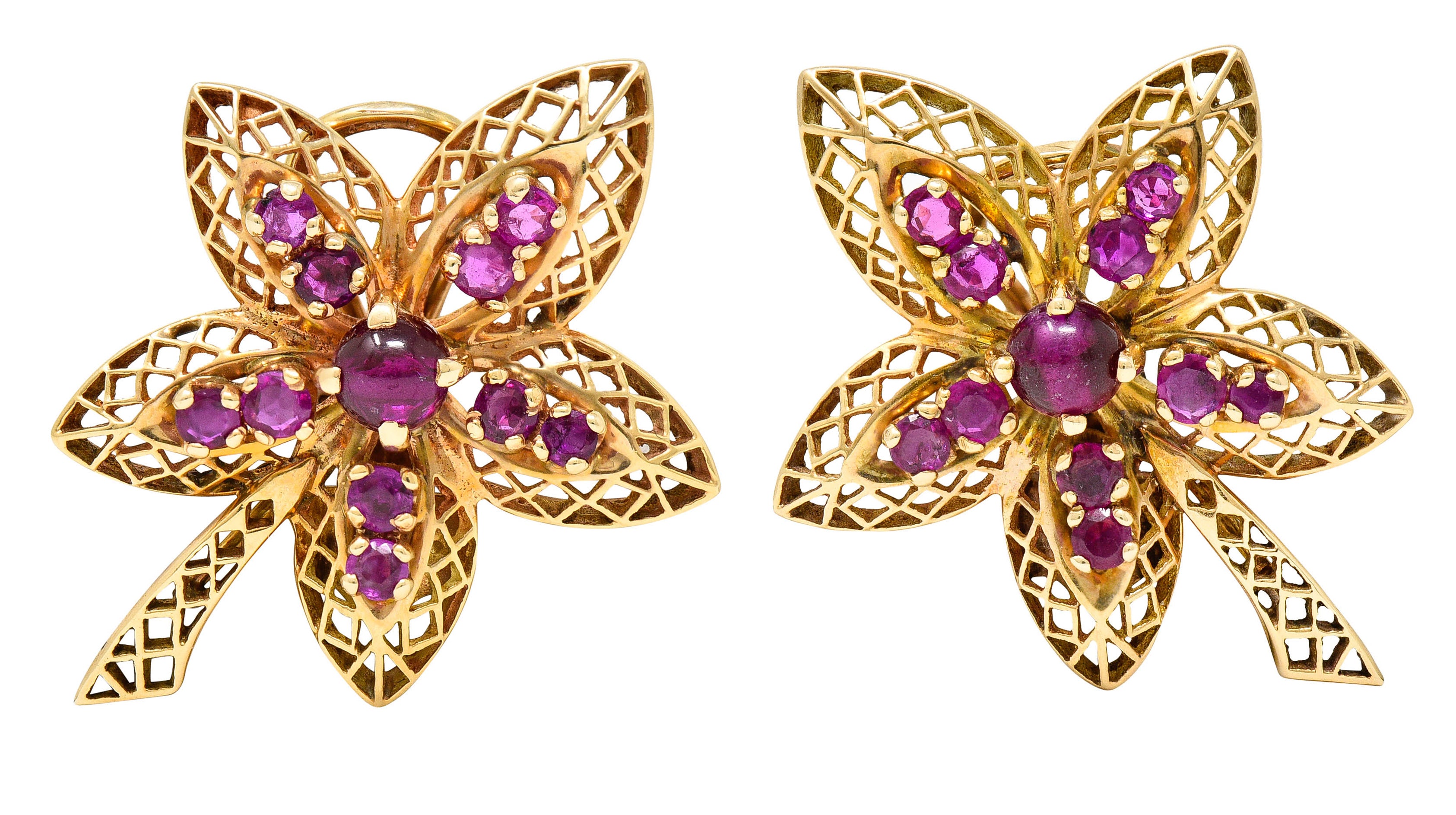 Retro 2.50 CTW Ruby 14 Karat Rose Gold Flower EarringsEarrings - Wilson's Estate Jewelry