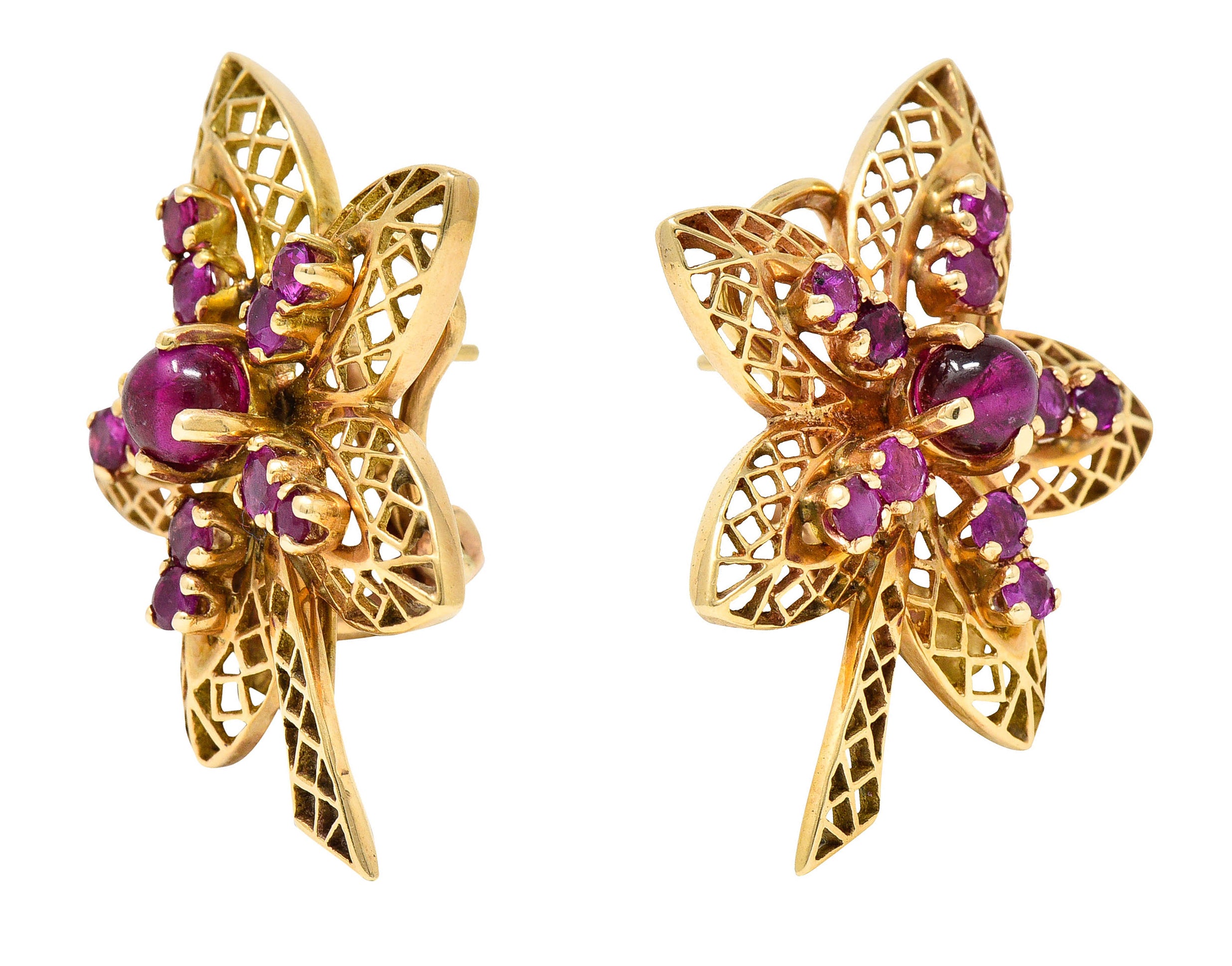 Retro 2.50 CTW Ruby 14 Karat Rose Gold Flower EarringsEarrings - Wilson's Estate Jewelry