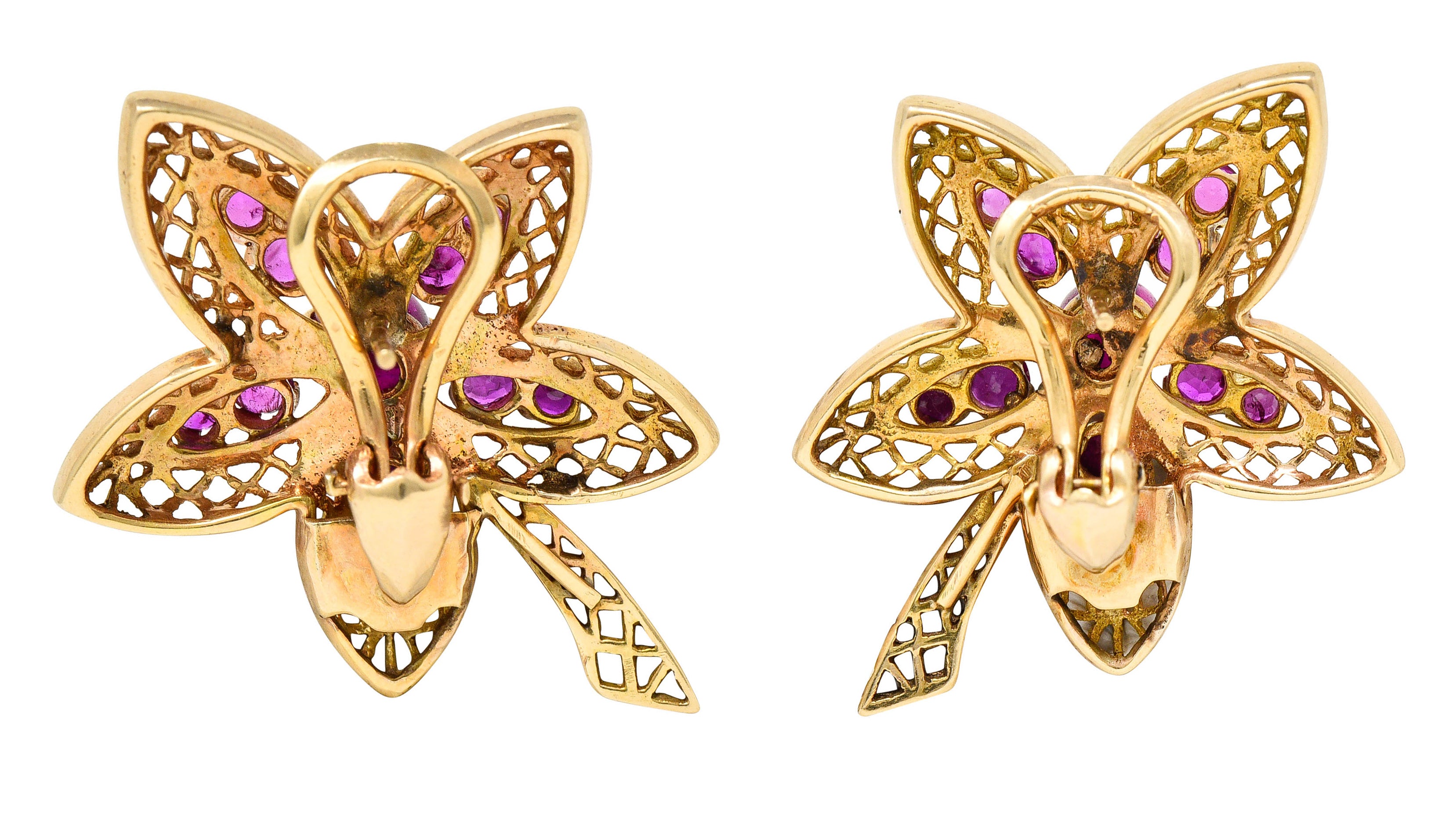 Retro 2.50 CTW Ruby 14 Karat Rose Gold Flower EarringsEarrings - Wilson's Estate Jewelry