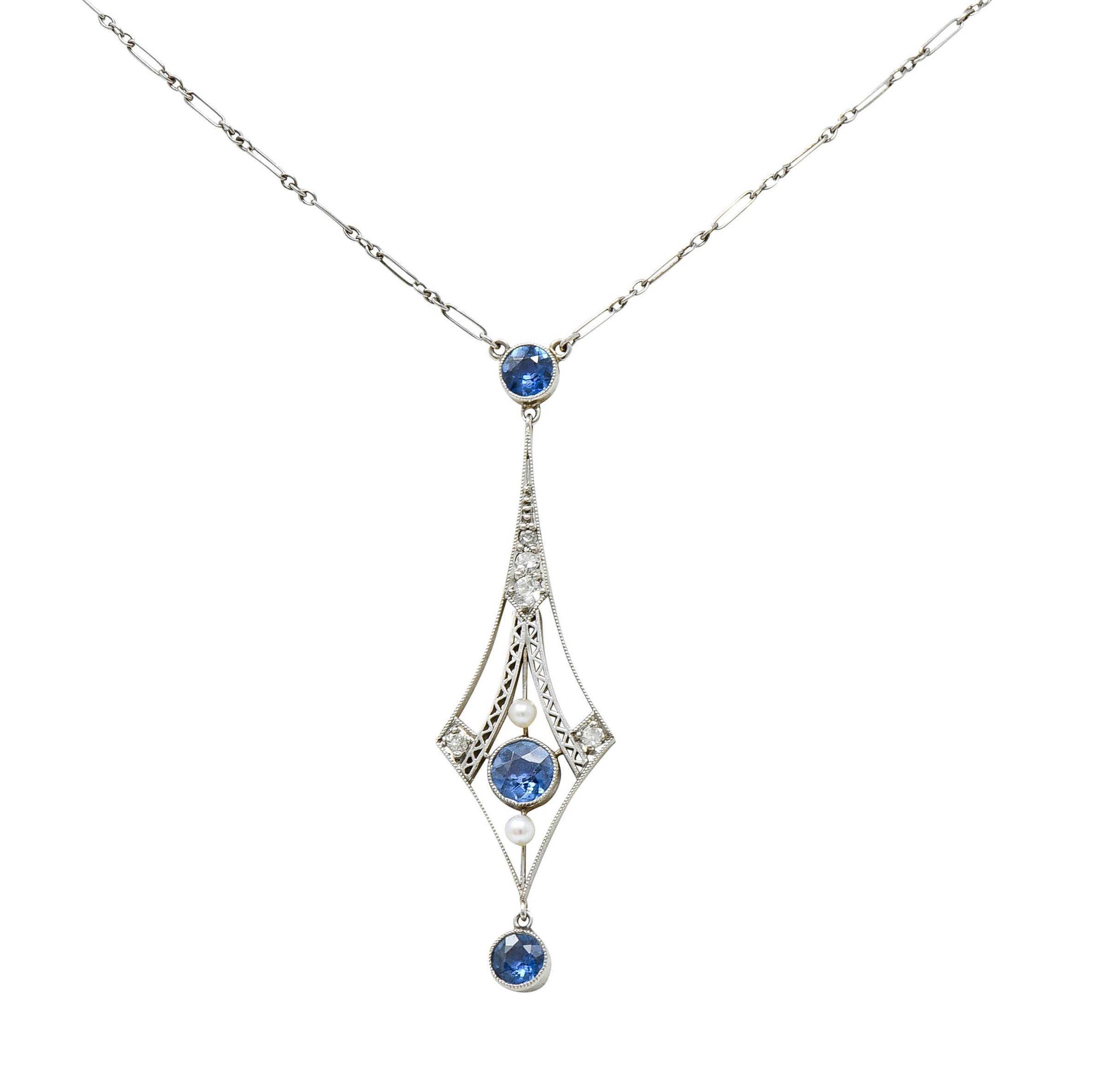 1920's Art Deco Pearl 1.00 CTW Sapphire Diamond Platinum Navette NecklaceNecklace - Wilson's Estate Jewelry