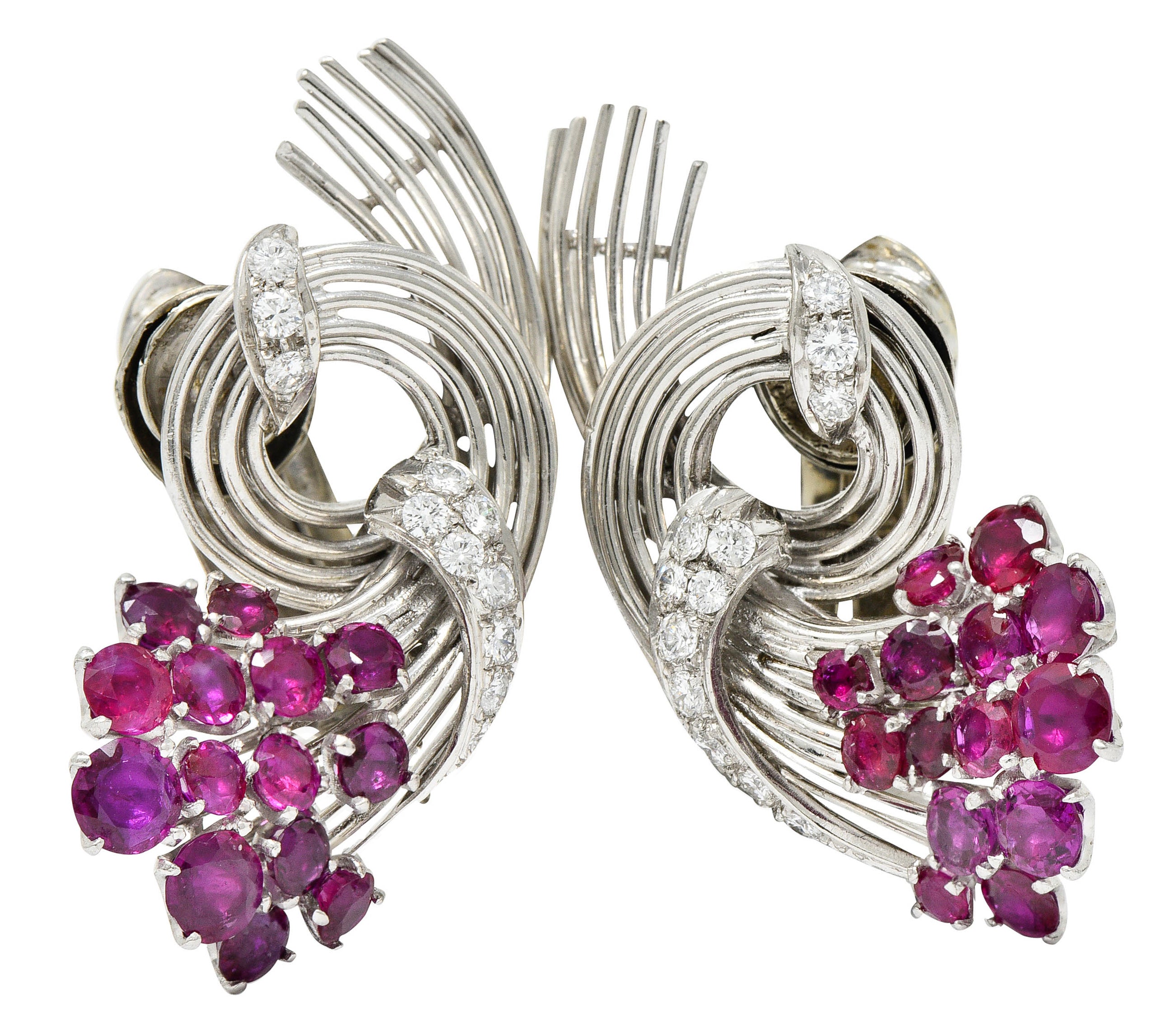 Retro 4.65 CTW Ruby Diamond Platinum Spiraling Ear-Clip EarringsEarrings - Wilson's Estate Jewelry