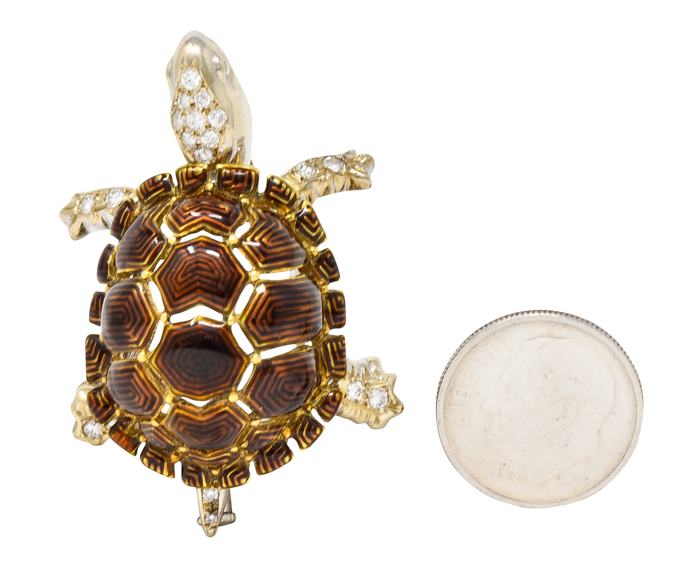 1960's UnoAErre Vintage Italian Diamond Guilloche Enamel Turtle Brooch Wilson's Estate Jewelry