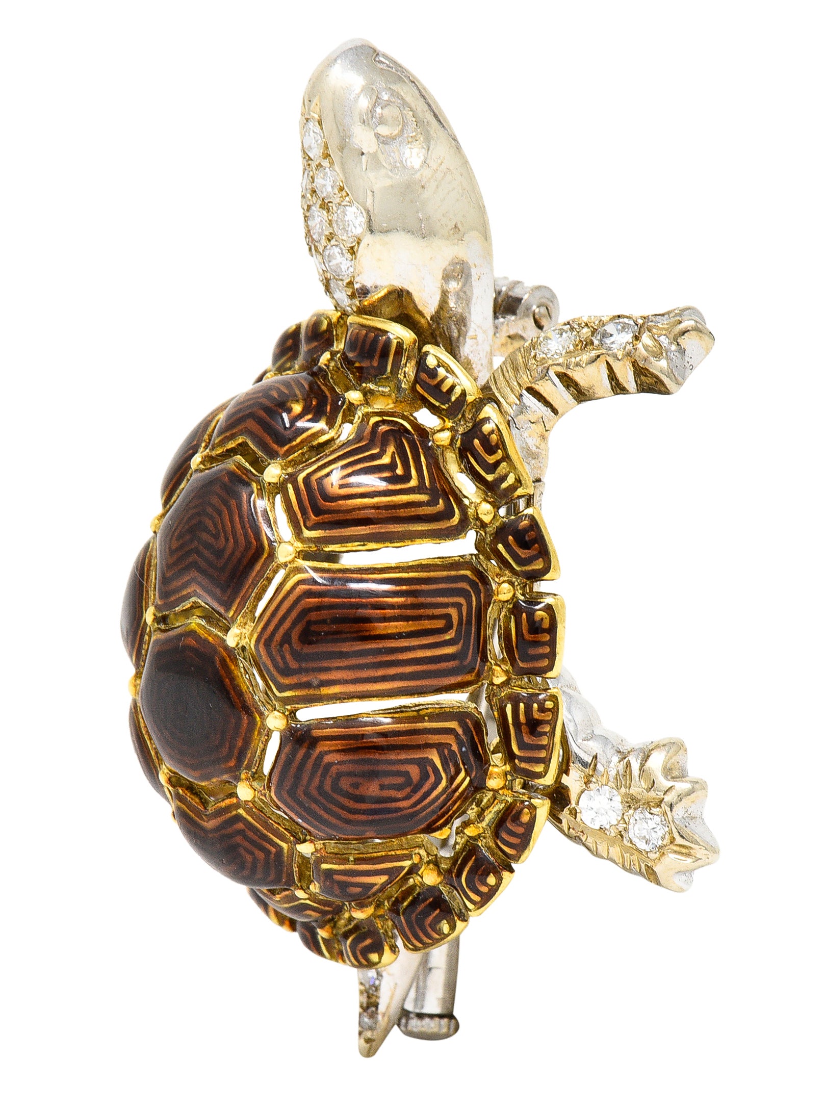 1960's UnoAErre Vintage Italian Diamond Guilloche Enamel Turtle Brooch Wilson's Estate Jewelry