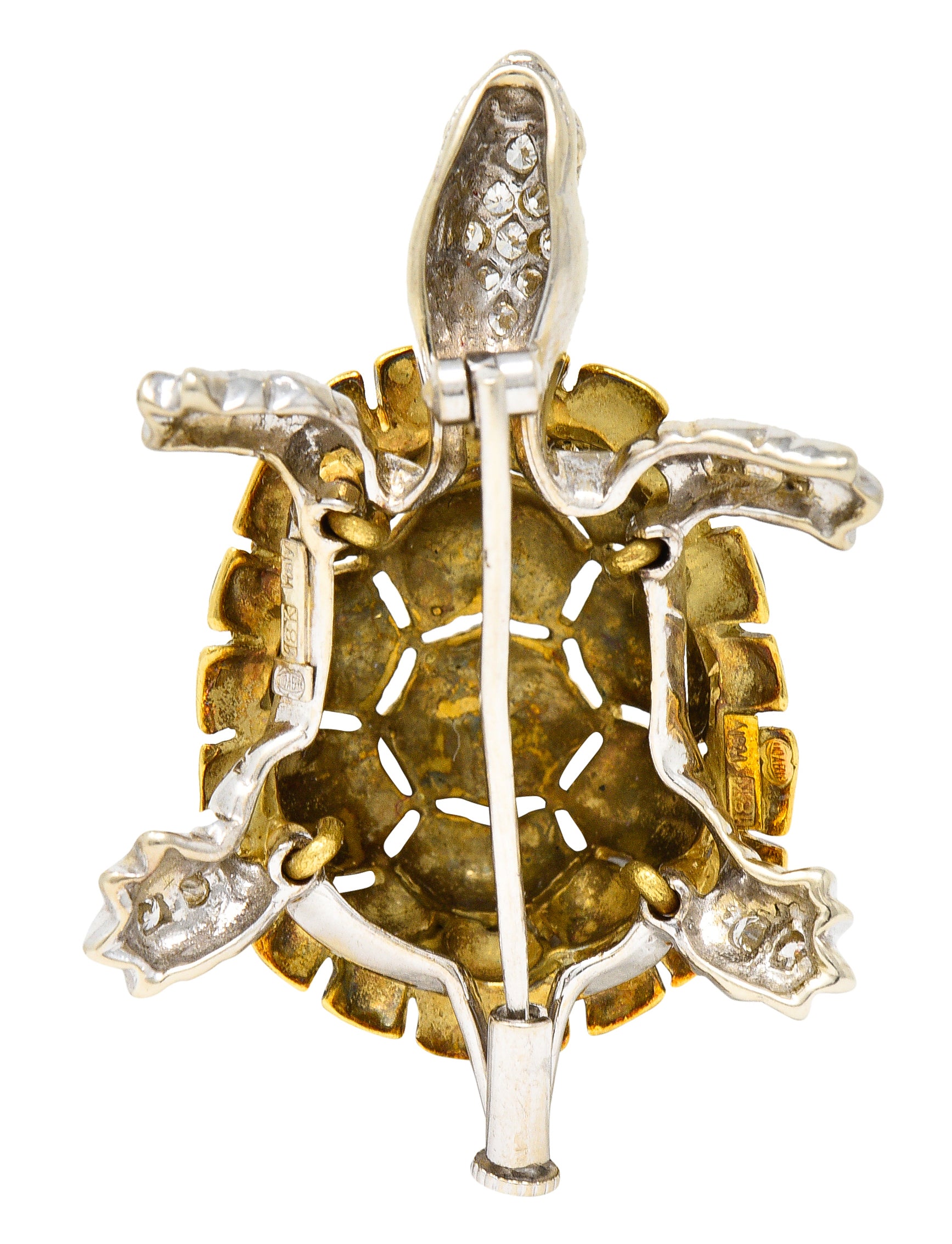 1960's UnoAErre Vintage Italian Diamond Guilloche Enamel Turtle Brooch Wilson's Estate Jewelry