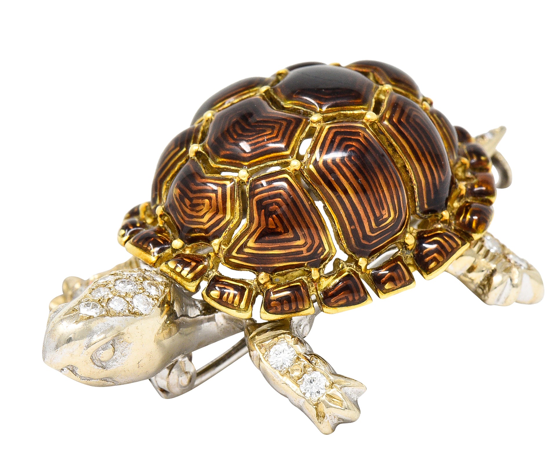 1960's UnoAErre Vintage Italian Diamond Guilloche Enamel Turtle Brooch Wilson's Estate Jewelry
