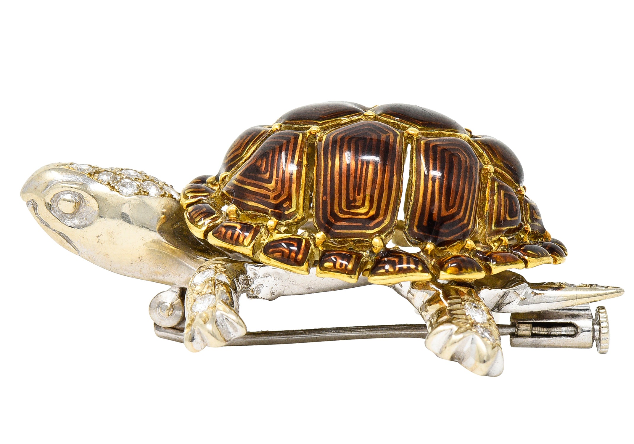 1960's UnoAErre Vintage Italian Diamond Guilloche Enamel Turtle Brooch Wilson's Estate Jewelry