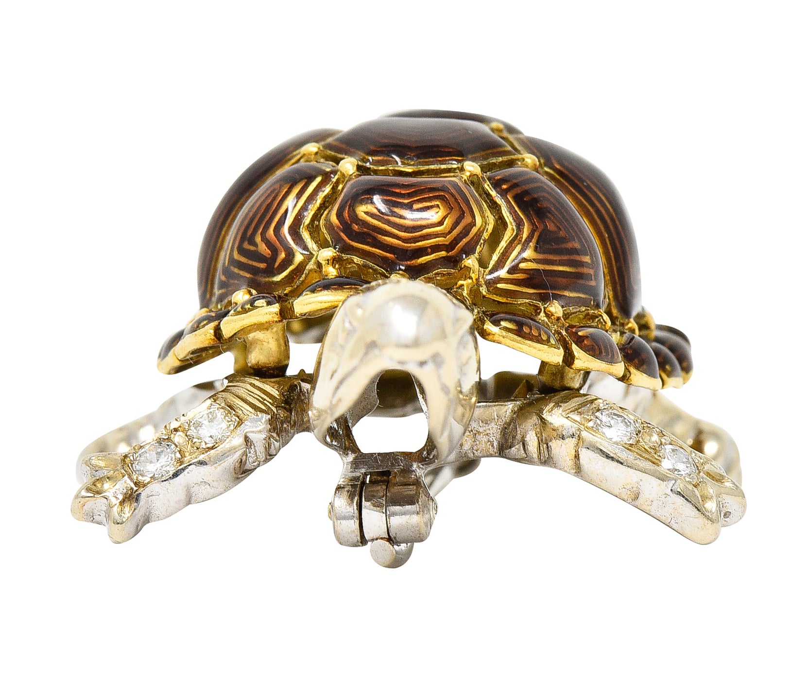 1960's UnoAErre Vintage Italian Diamond Guilloche Enamel Turtle Brooch Wilson's Estate Jewelry