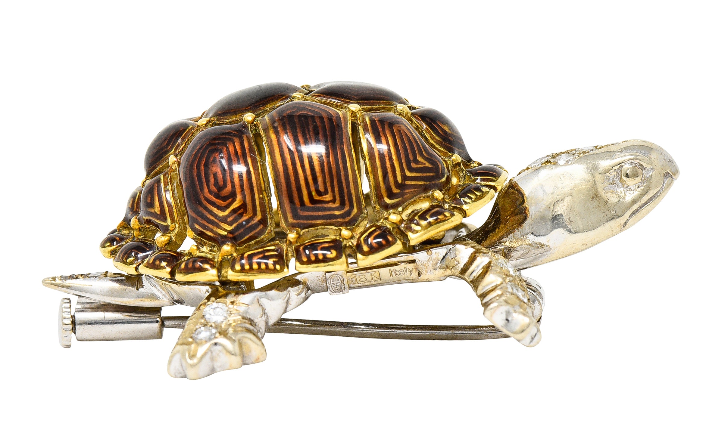 1960's UnoAErre Vintage Italian Diamond Guilloche Enamel Turtle Brooch Wilson's Estate Jewelry