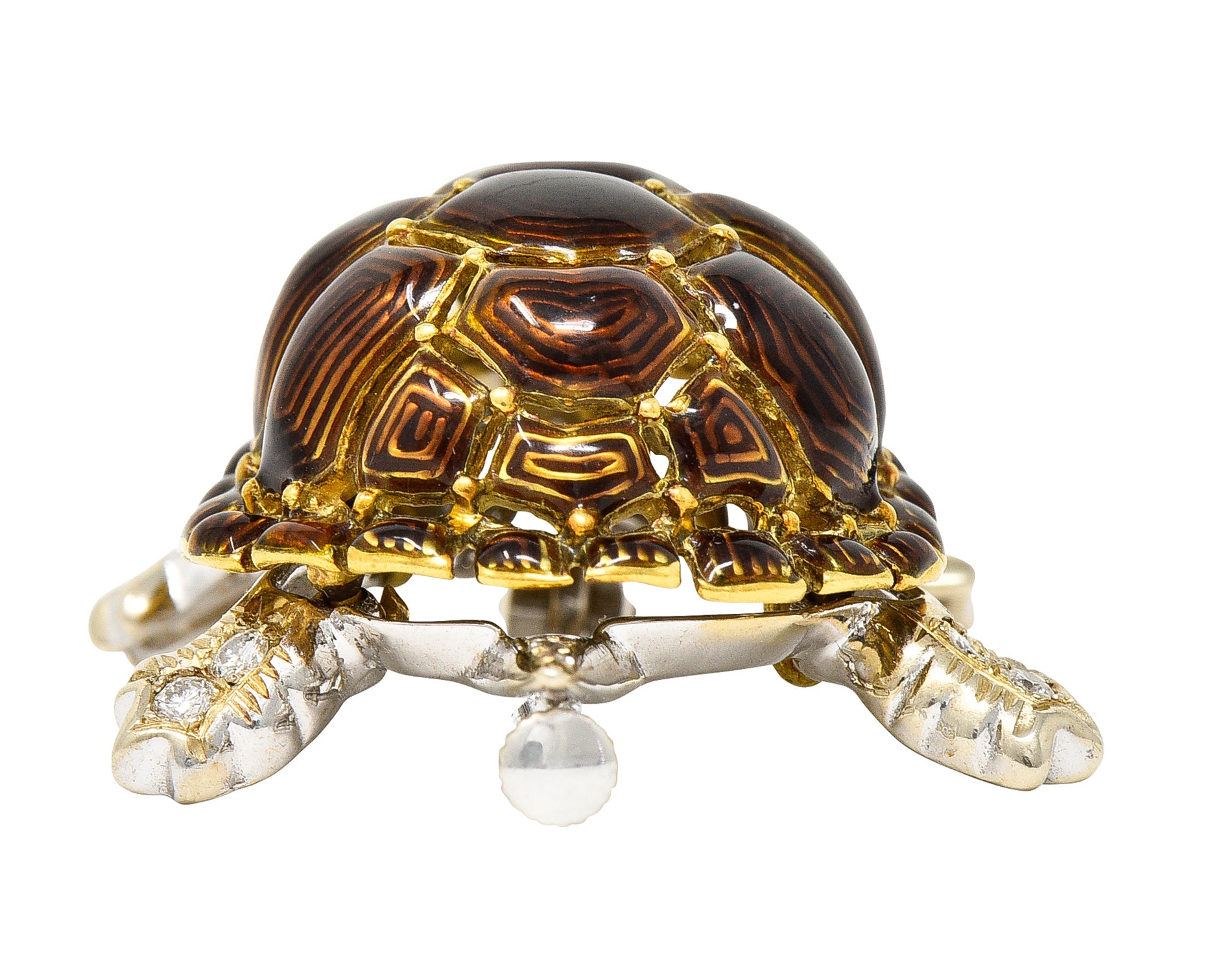 1960's UnoAErre Vintage Italian Diamond Guilloche Enamel Turtle Brooch Wilson's Estate Jewelry