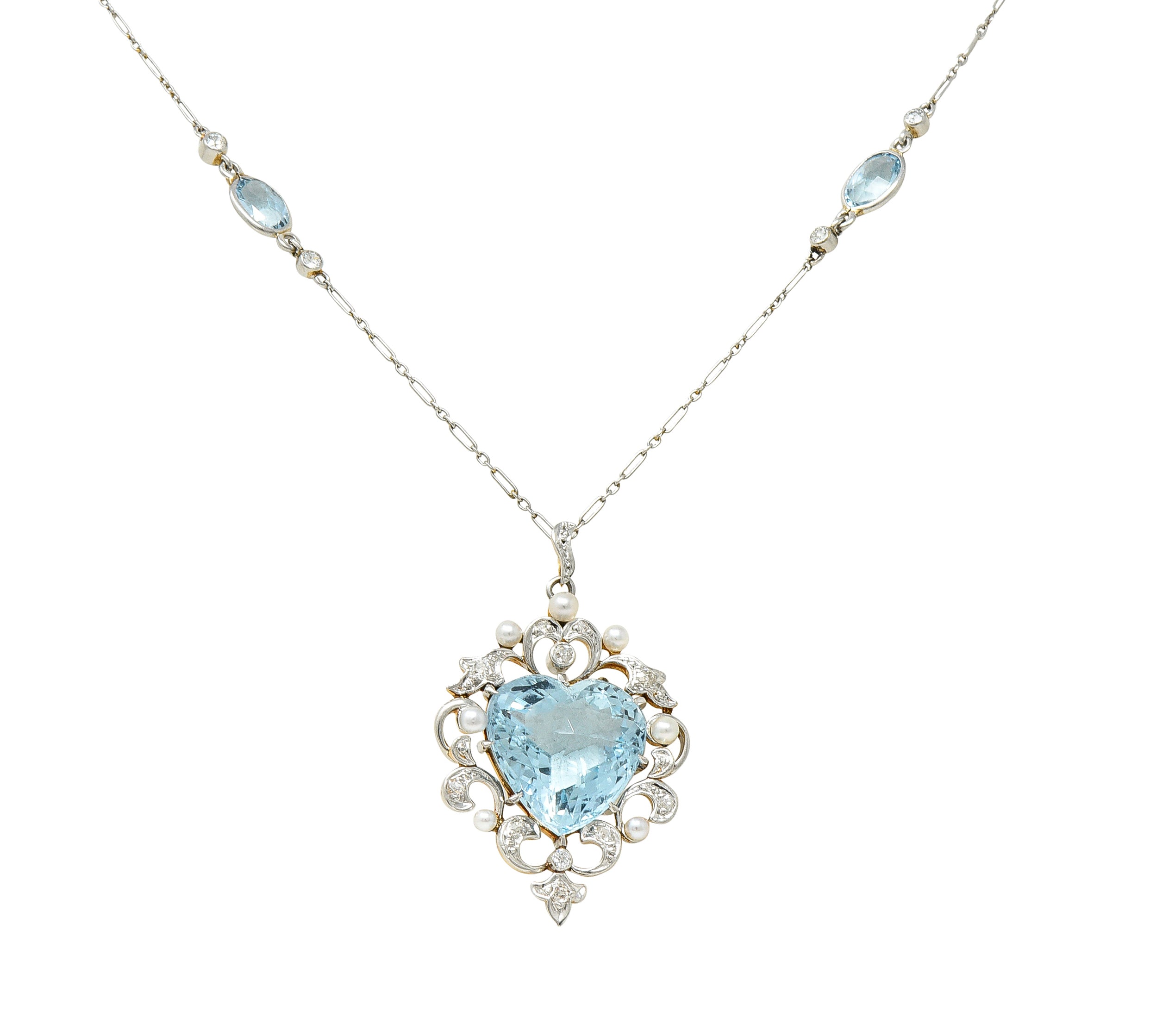 Edwardian Aquamarine Diamond Pearl Platinum-Topped 14 Karat Yellow Gold Heart Antique Pendant Station Necklace Wilson's Estate Jewelry