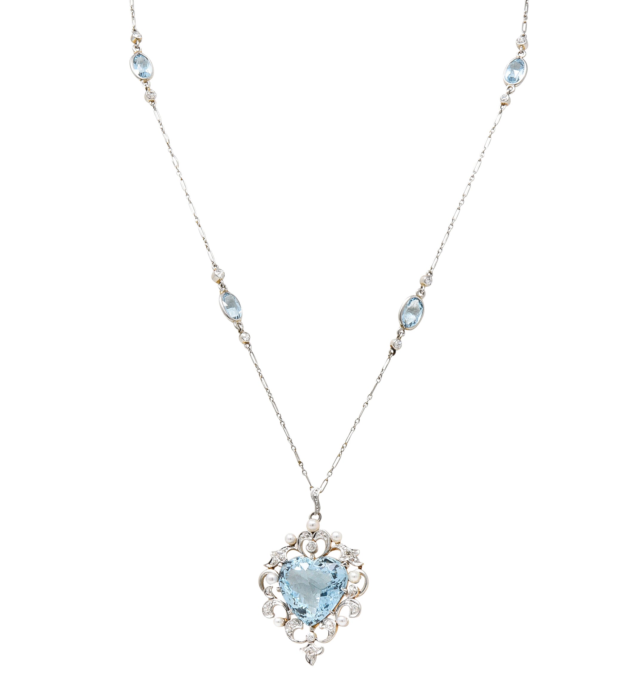 Edwardian Aquamarine Diamond Pearl Platinum-Topped 14 Karat Yellow Gold Heart Antique Pendant Station Necklace Wilson's Estate Jewelry