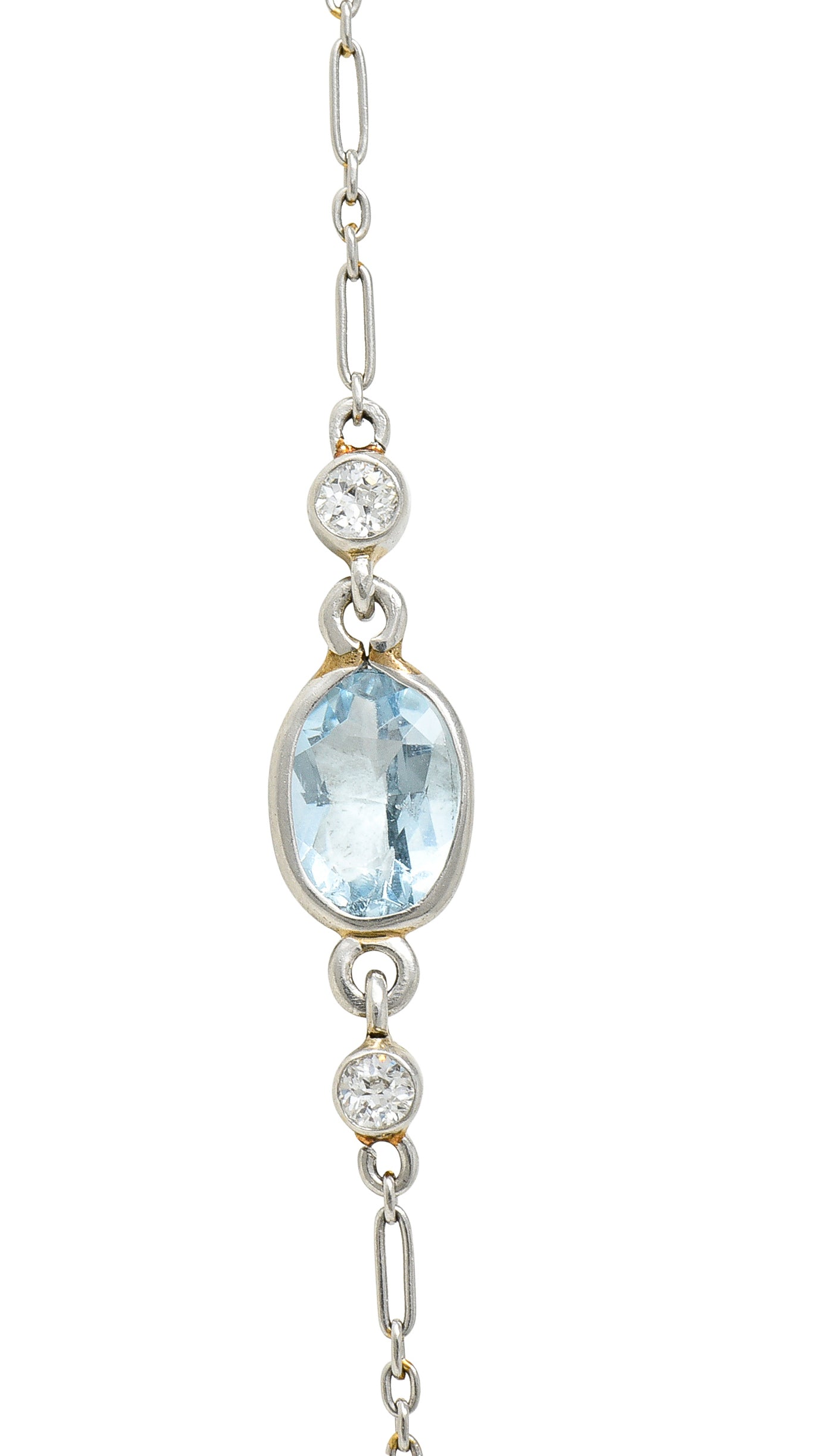 Edwardian Aquamarine Diamond Pearl Platinum-Topped 14 Karat Yellow Gold Heart Antique Pendant Station Necklace Wilson's Estate Jewelry