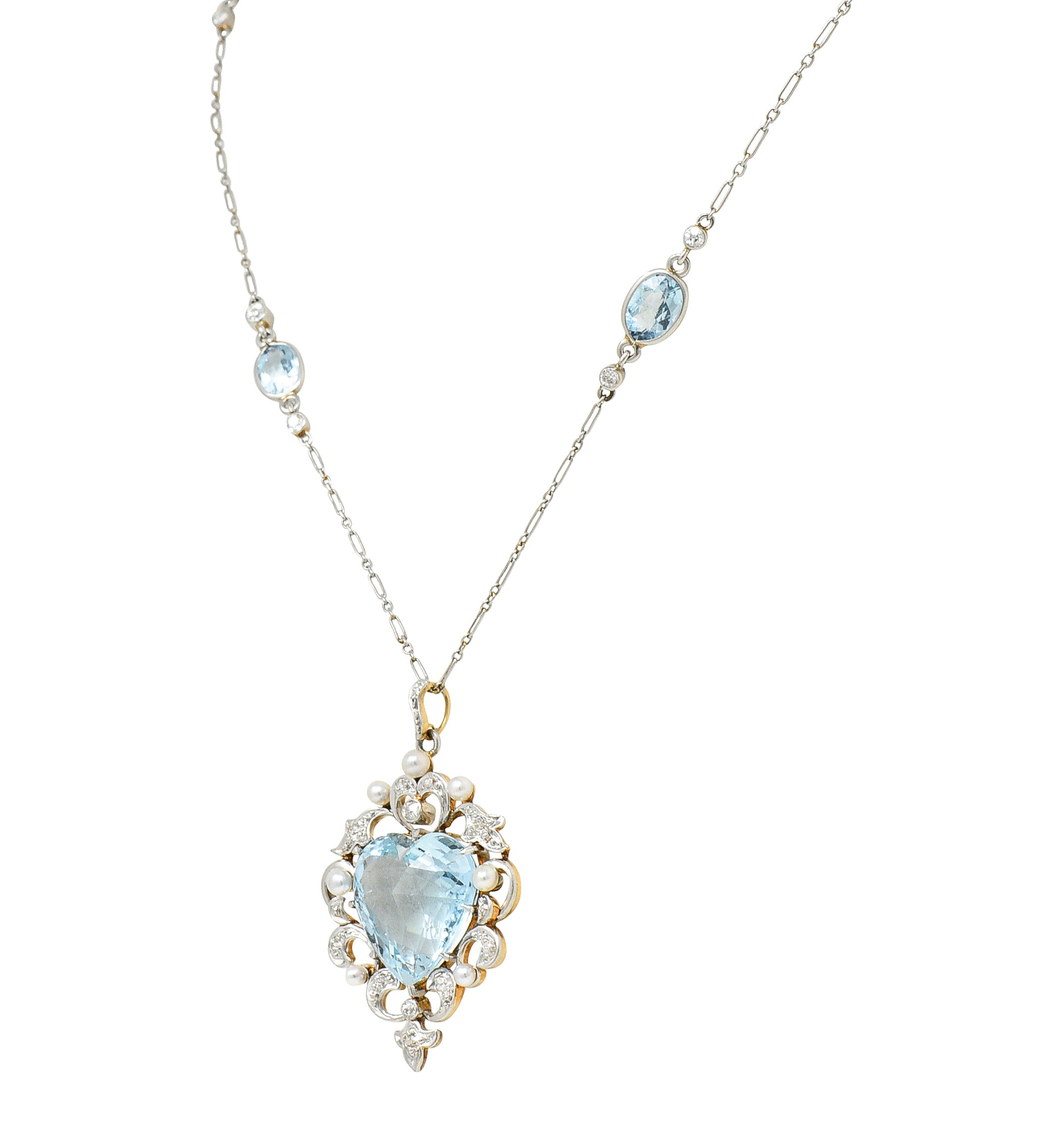 Edwardian Aquamarine Diamond Pearl Platinum-Topped 14 Karat Yellow Gold Heart Antique Pendant Station Necklace Wilson's Estate Jewelry