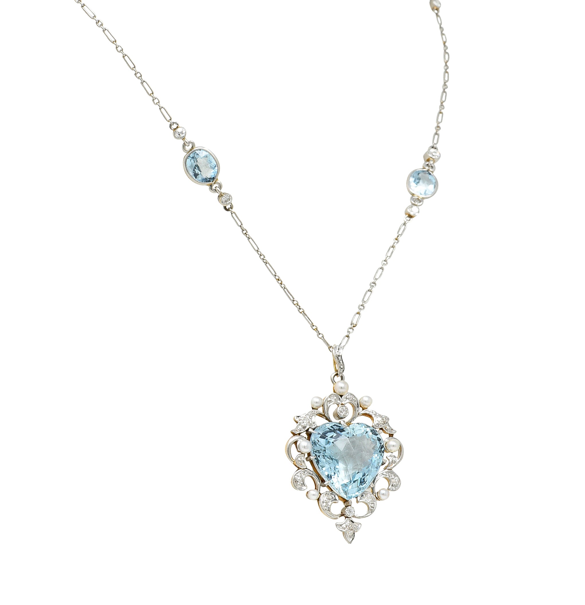 Edwardian Aquamarine Diamond Pearl Platinum-Topped 14 Karat Yellow Gold Heart Antique Pendant Station Necklace Wilson's Estate Jewelry