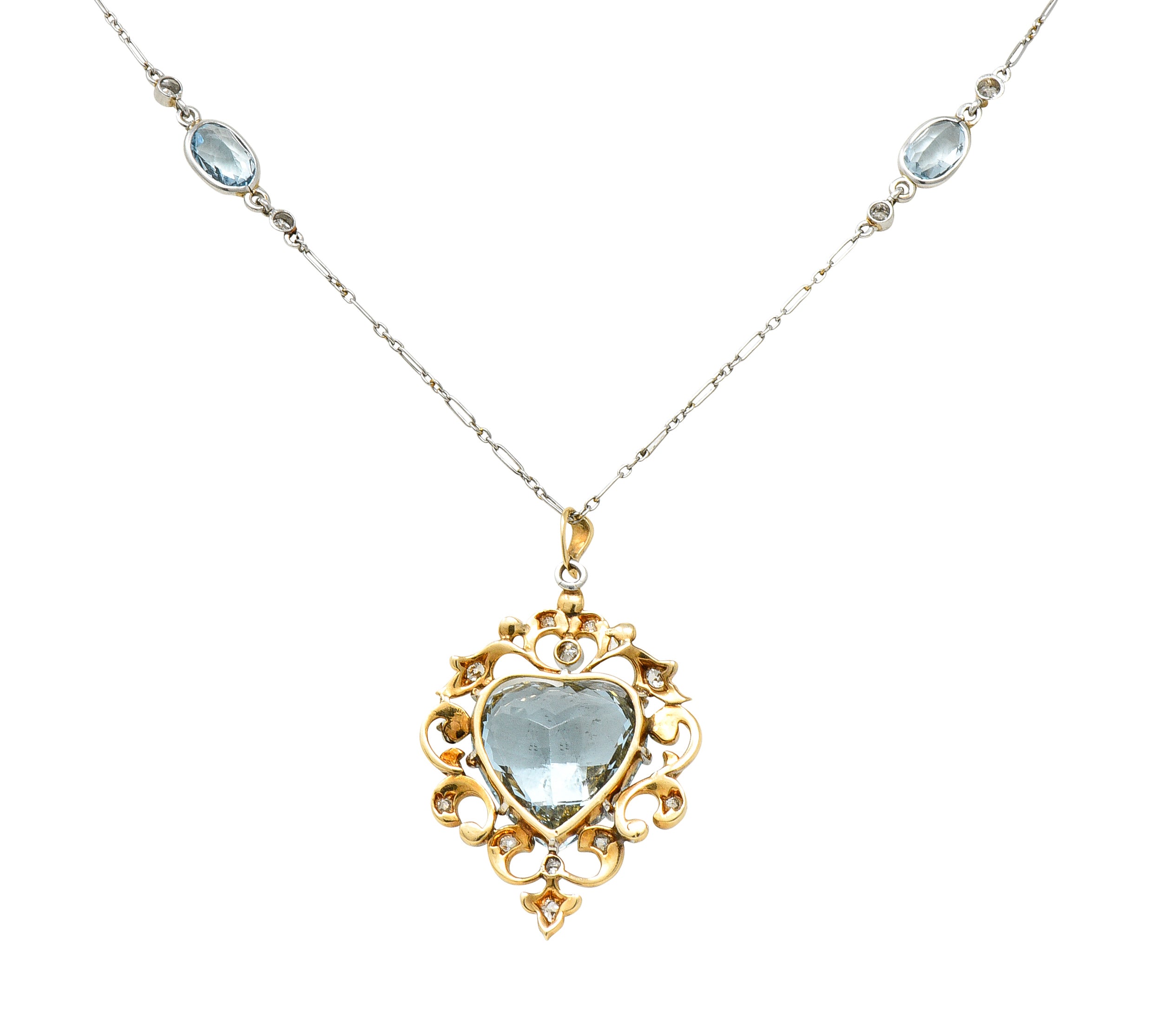 Edwardian Aquamarine Diamond Pearl Platinum-Topped 14 Karat Yellow Gold Heart Antique Pendant Station Necklace Wilson's Estate Jewelry