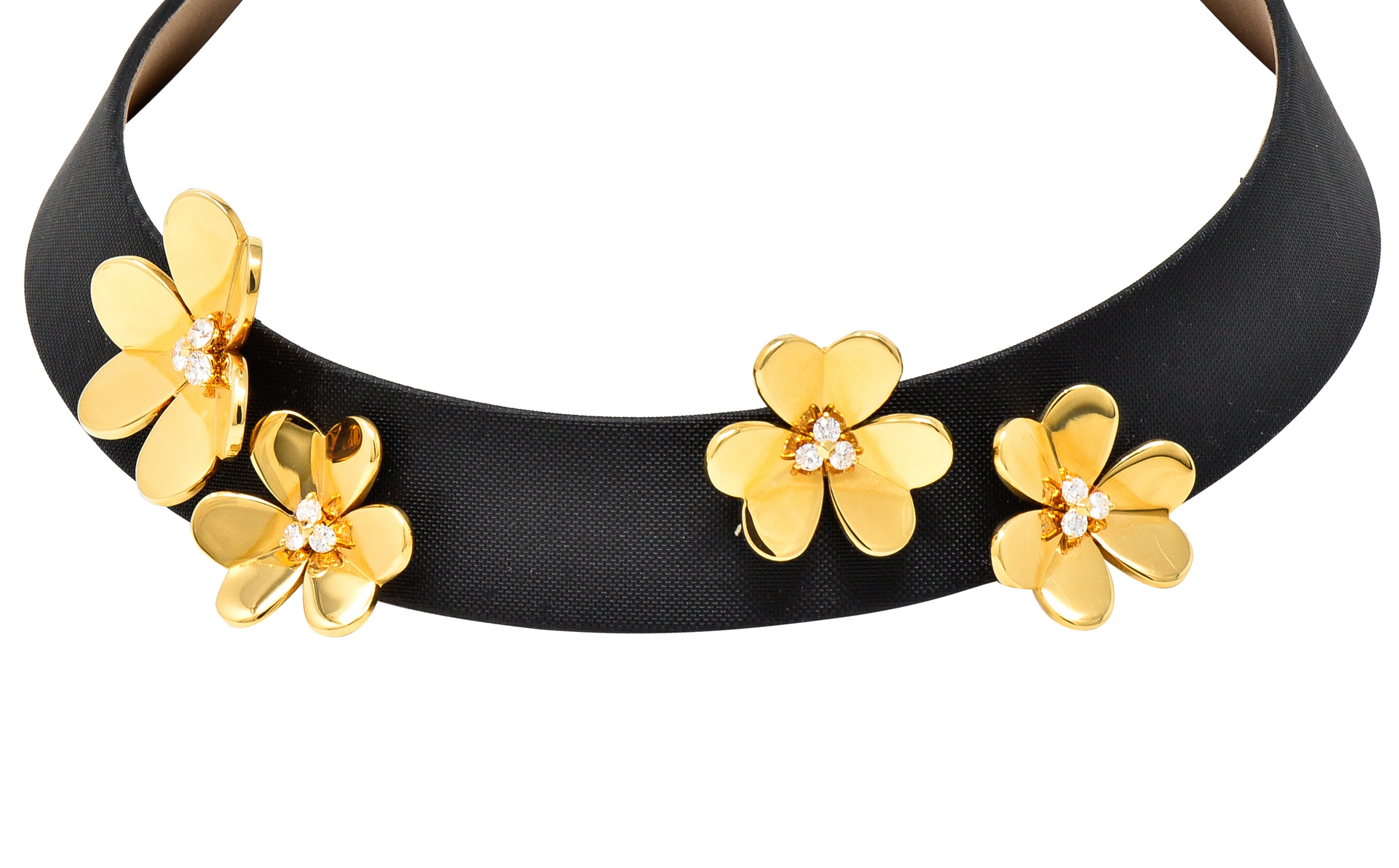 Van Cleef & Arpels Diamond 18 Karat Yellow Gold Silk Leather Frivole French Clover Vintage Collar Necklace Wilson's Estate Jewelry