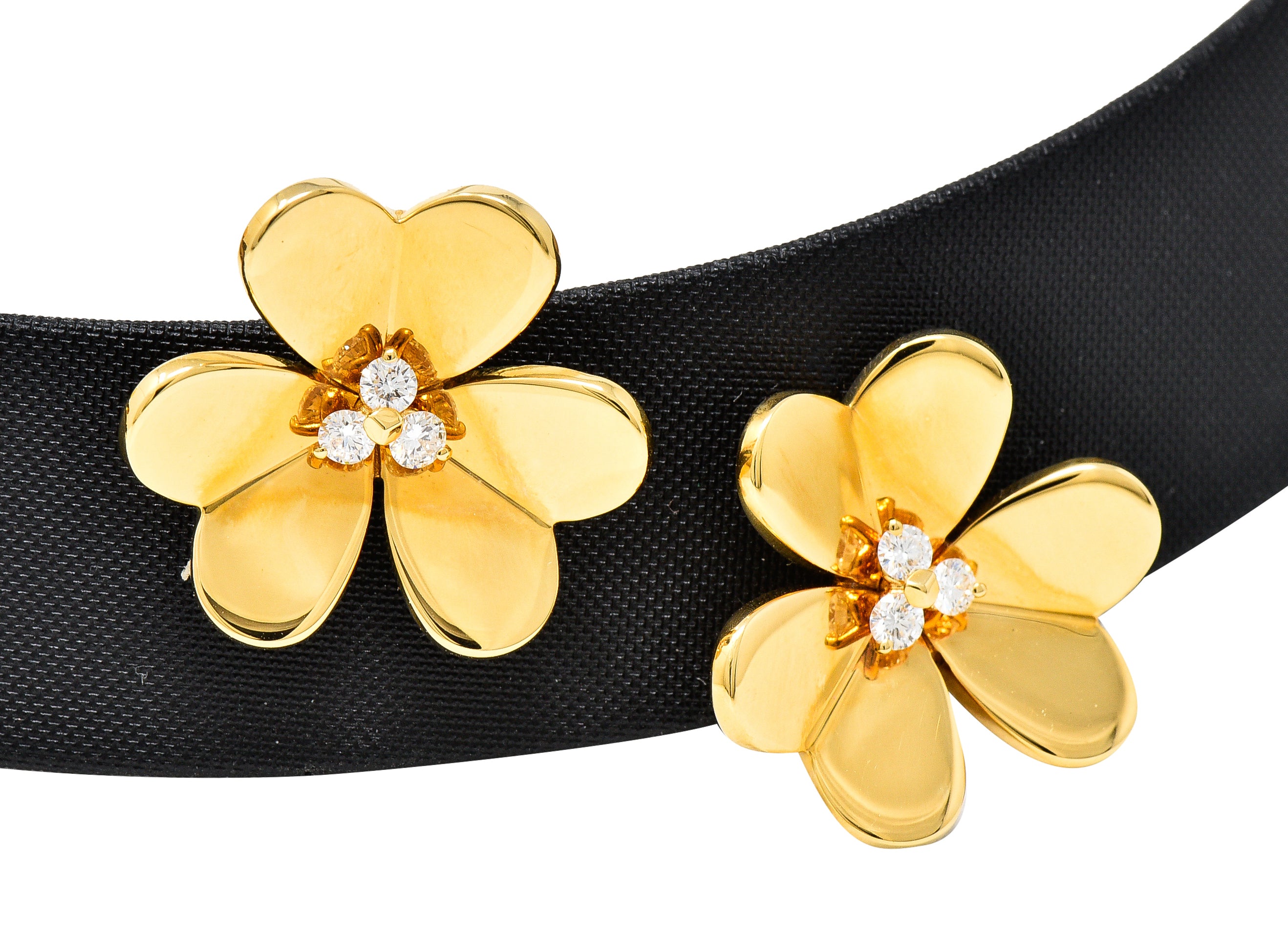 Van Cleef & Arpels Diamond 18 Karat Yellow Gold Silk Leather Frivole French Clover Vintage Collar Necklace Wilson's Estate Jewelry
