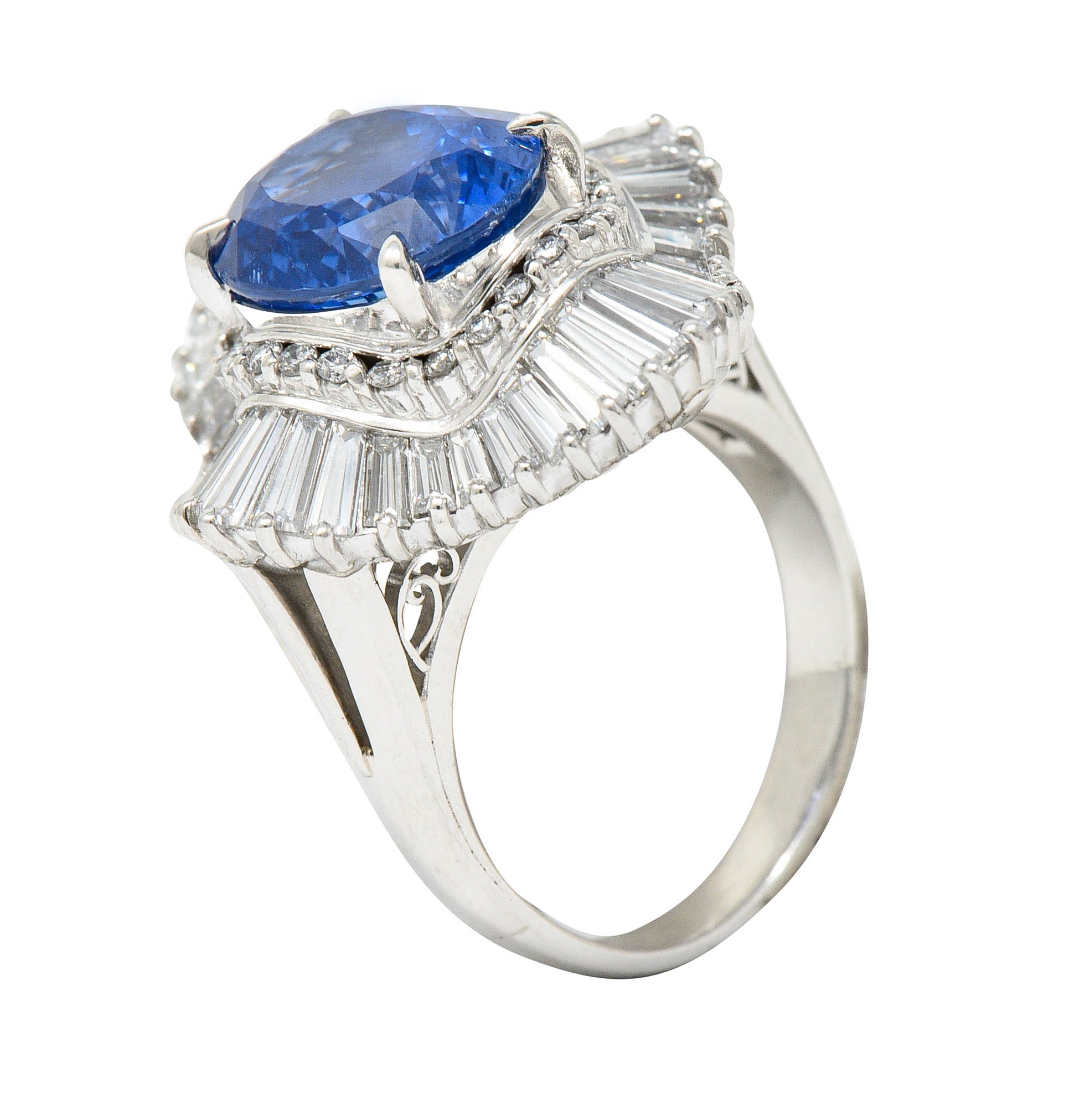 No Heat 9.59 CTW Ceylon Sapphire Diamond Platinum Ballerina Halo Ring AGLRing - Wilson's Estate Jewelry