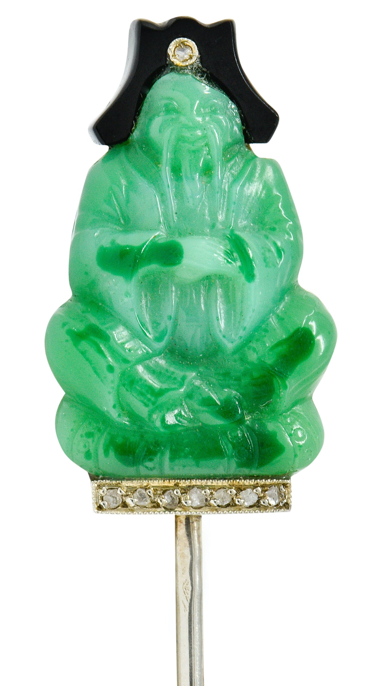 French Art Deco Jade Onyx Diamond 18 Karat White Gold Jabot StickpinStick Pin - Wilson's Estate Jewelry