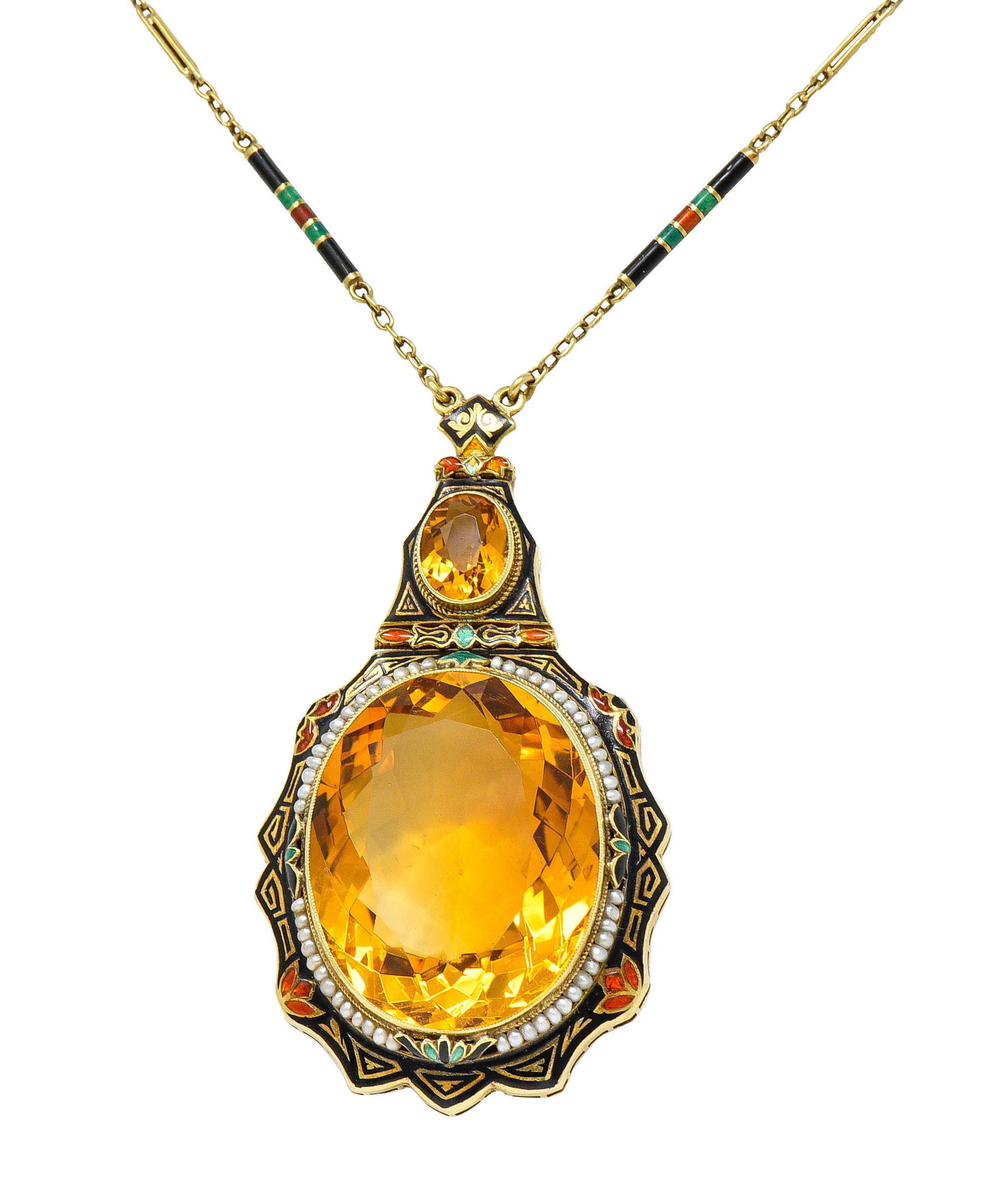 Substantial Art Deco Citrine Pearl Enamel 14 Karat Gold Statement Sautoir NecklaceNecklace - Wilson's Estate Jewelry