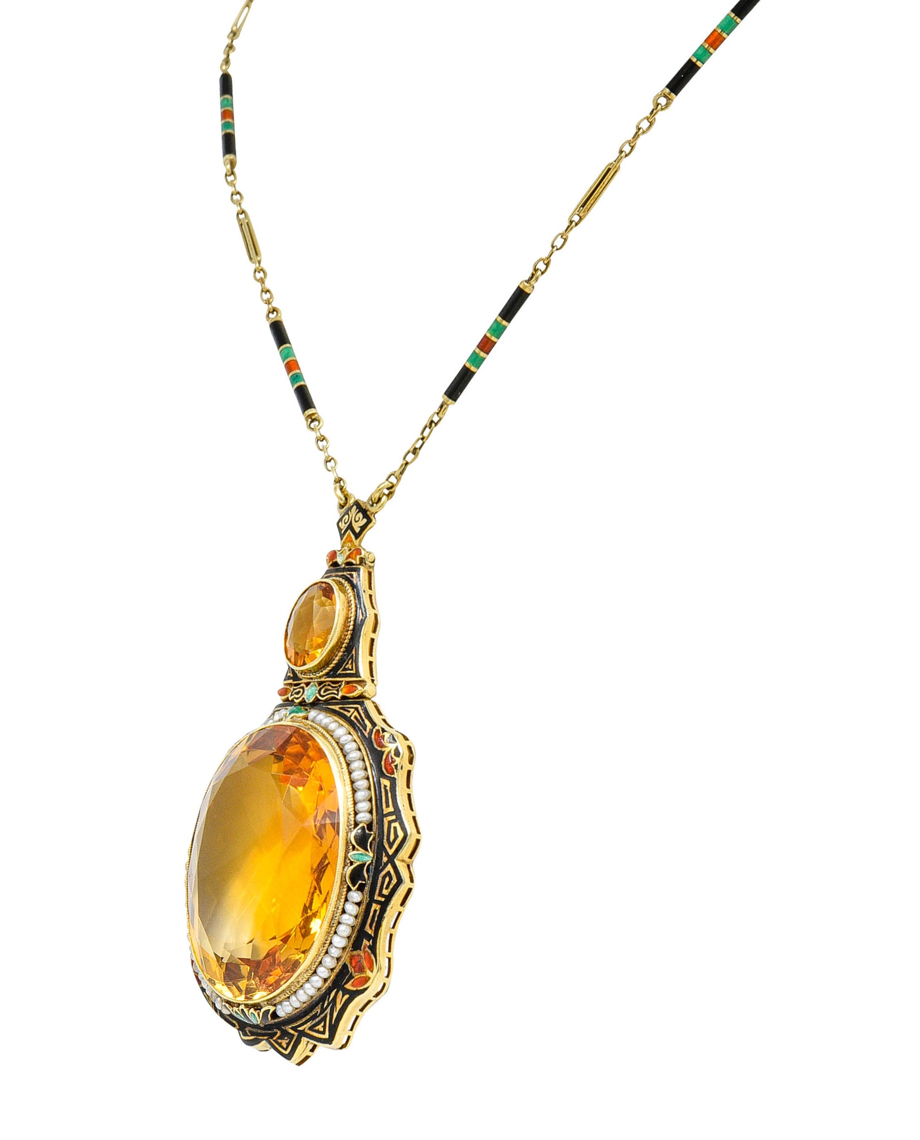Substantial Art Deco Citrine Pearl Enamel 14 Karat Gold Statement Sautoir NecklaceNecklace - Wilson's Estate Jewelry